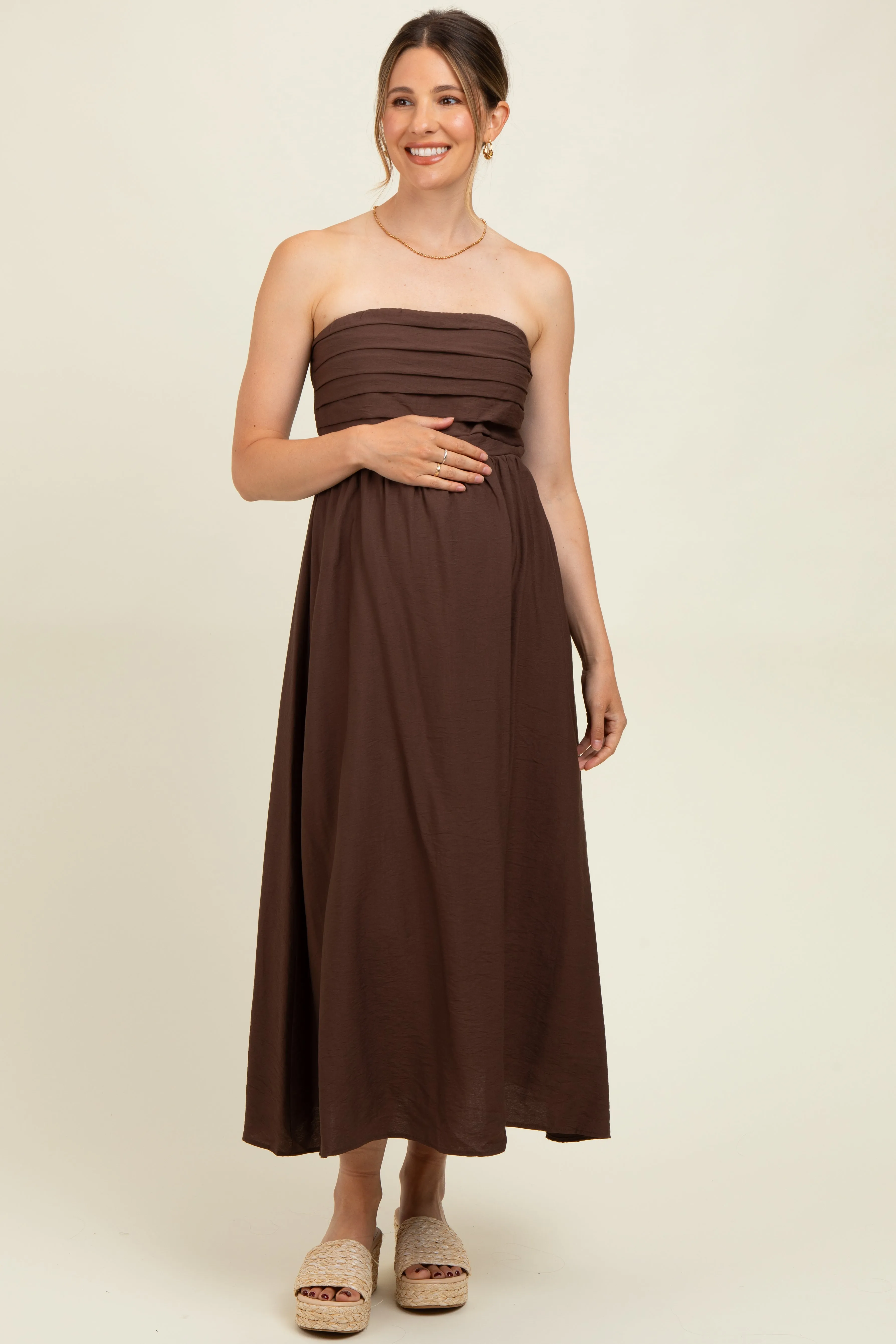 Brown Pleated Bodice Strapless Maternity Midi Dress sold by Pinkblush
