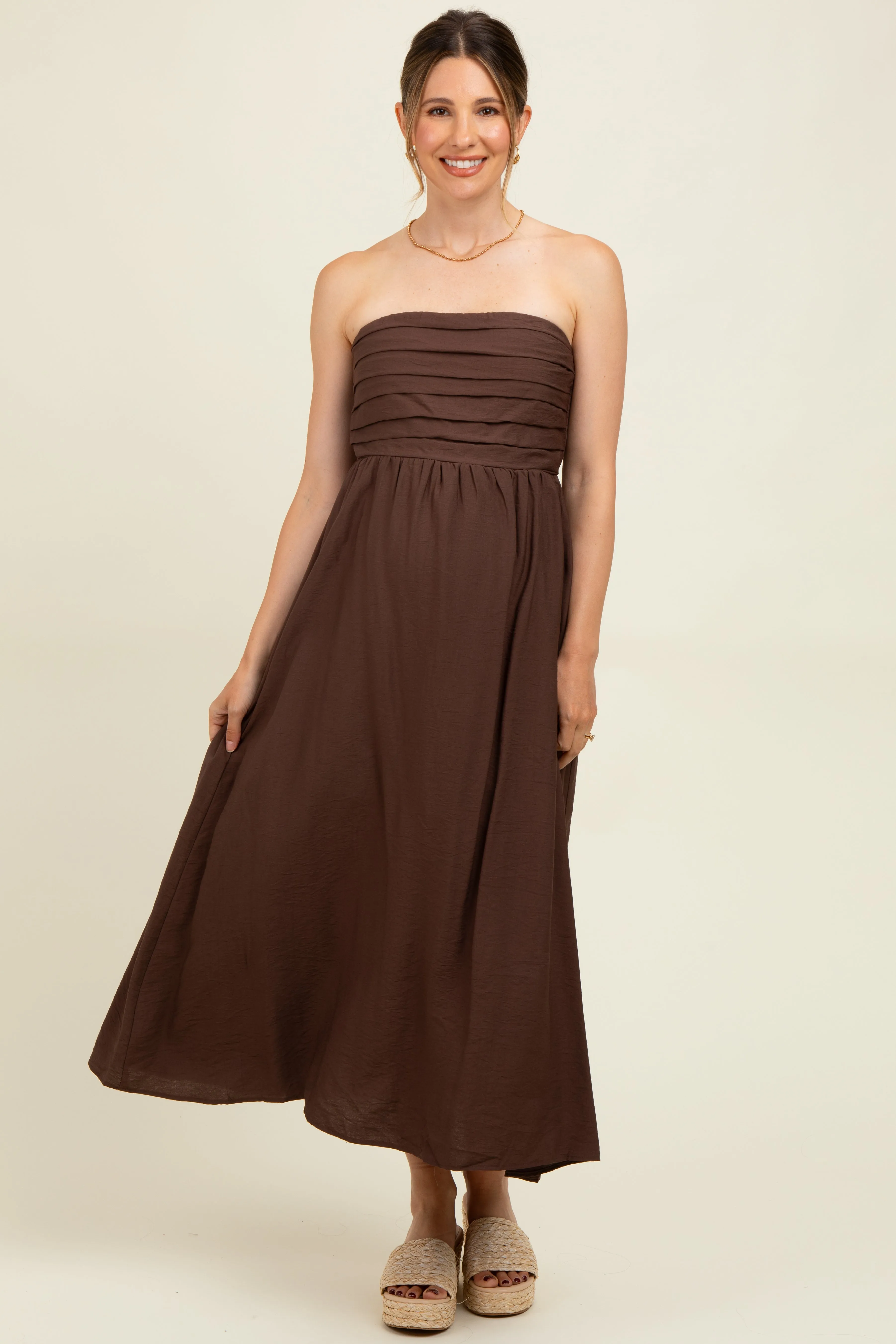 Brown Pleated Bodice Strapless Maternity Midi Dress sold by Pinkblush product image thumbnail 2