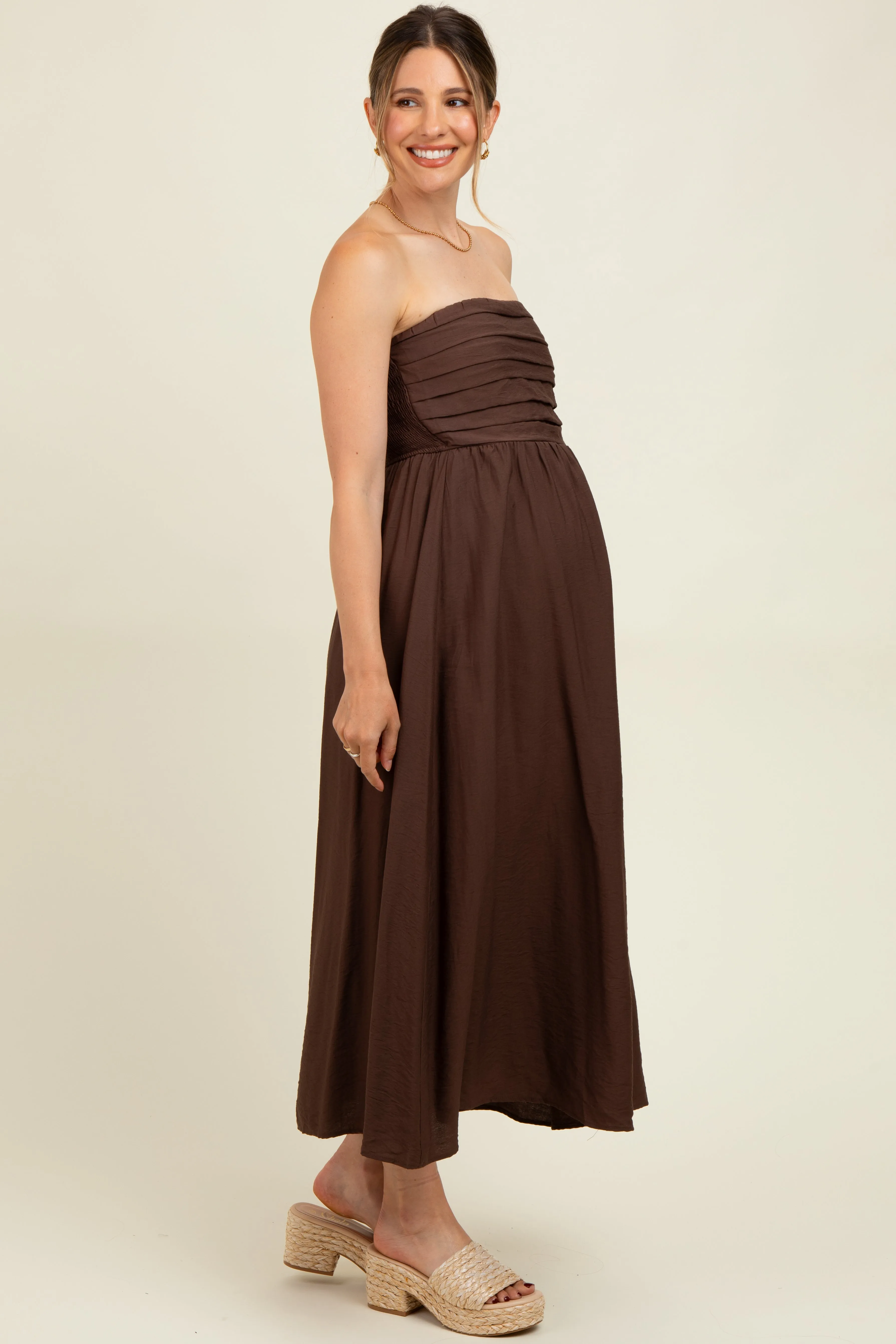Brown Pleated Bodice Strapless Maternity Midi Dress sold by Pinkblush product image thumbnail 3