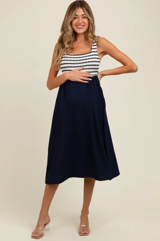 Navy Striped Fit And Flare Sleeveless Maternity Midi Dress sold by Pinkblush