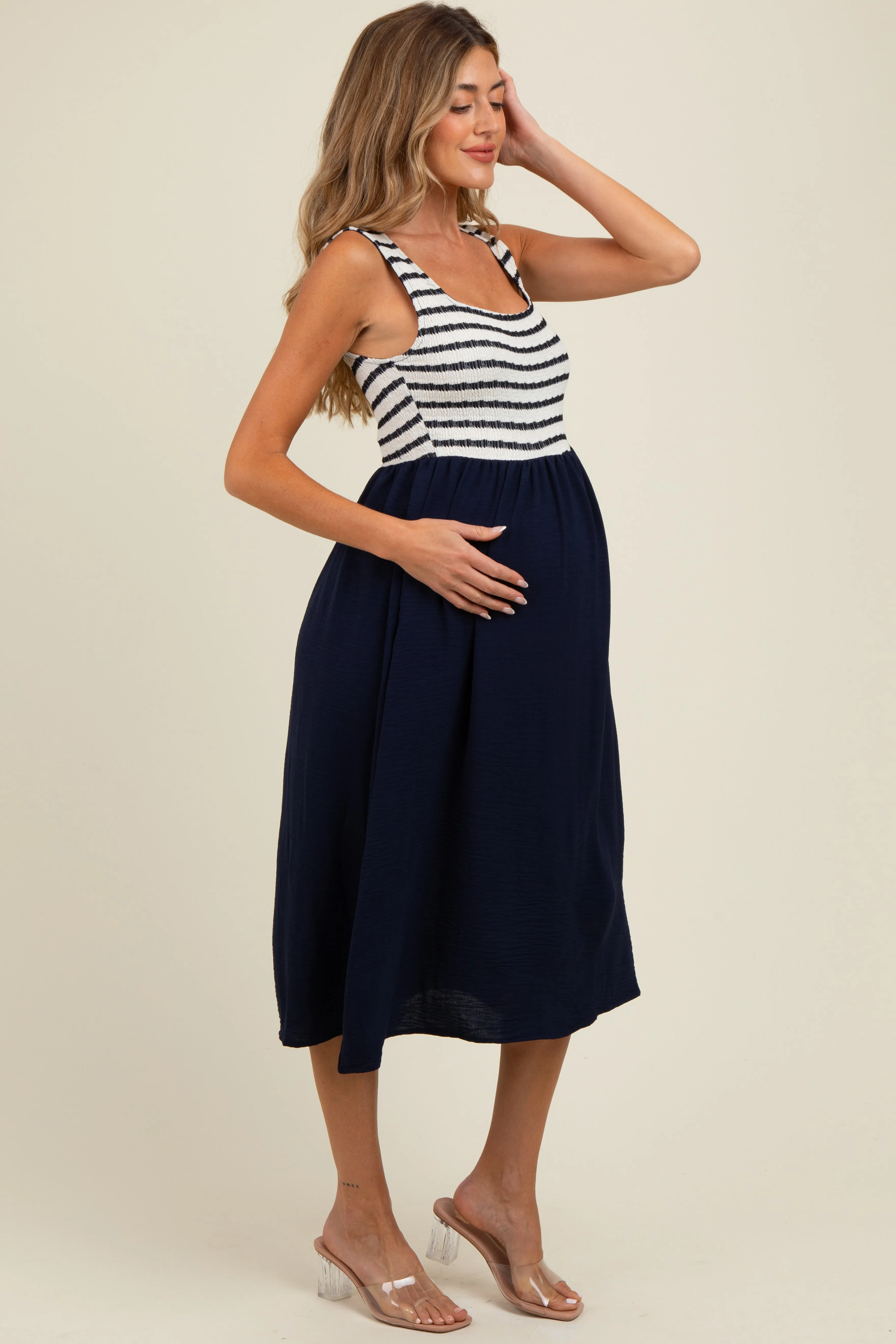 Navy Striped Fit And Flare Sleeveless Maternity Midi Dress sold by Pinkblush product image thumbnail 2