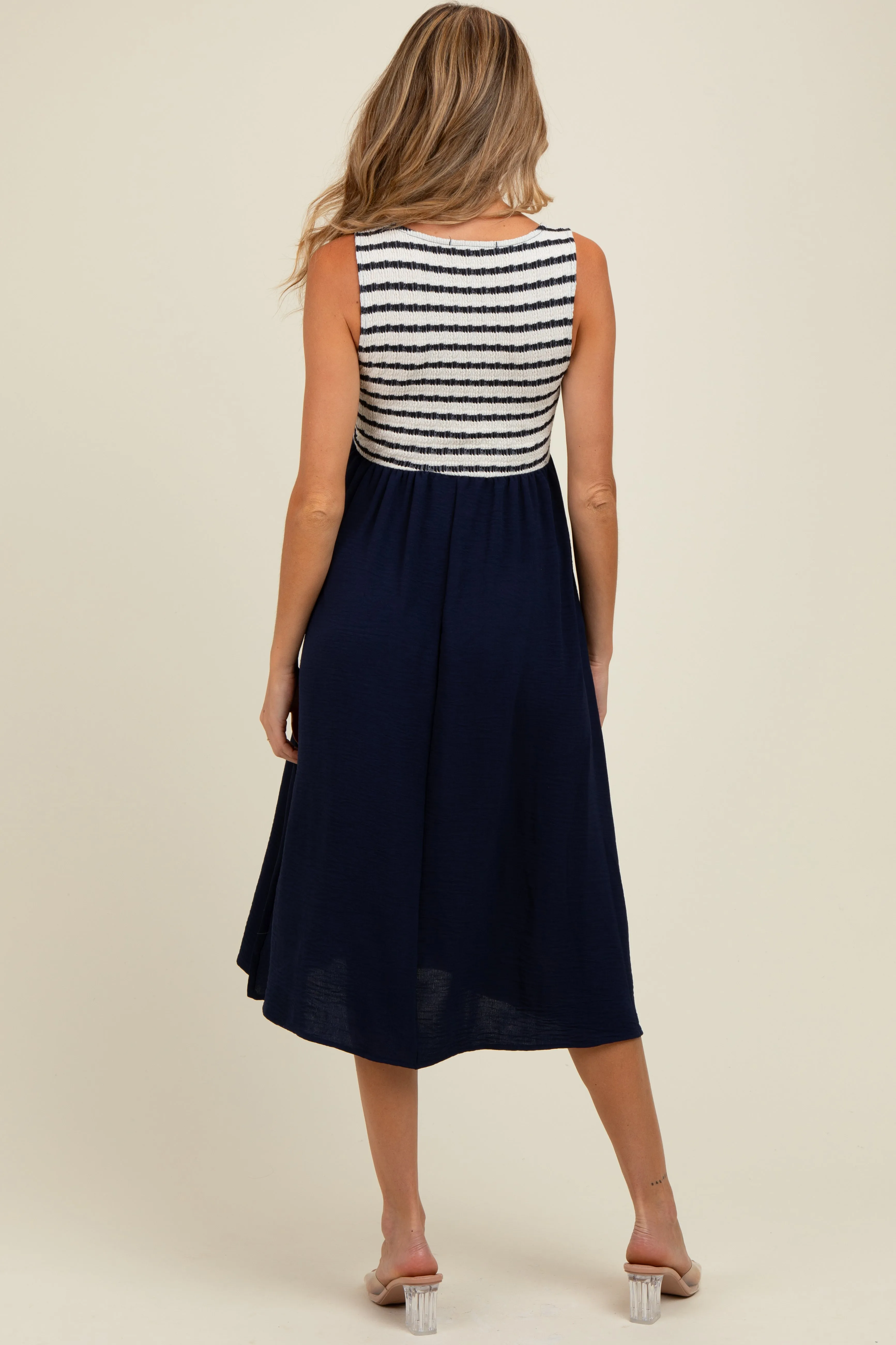 Navy Striped Fit And Flare Sleeveless Maternity Midi Dress sold by Pinkblush product image thumbnail 3