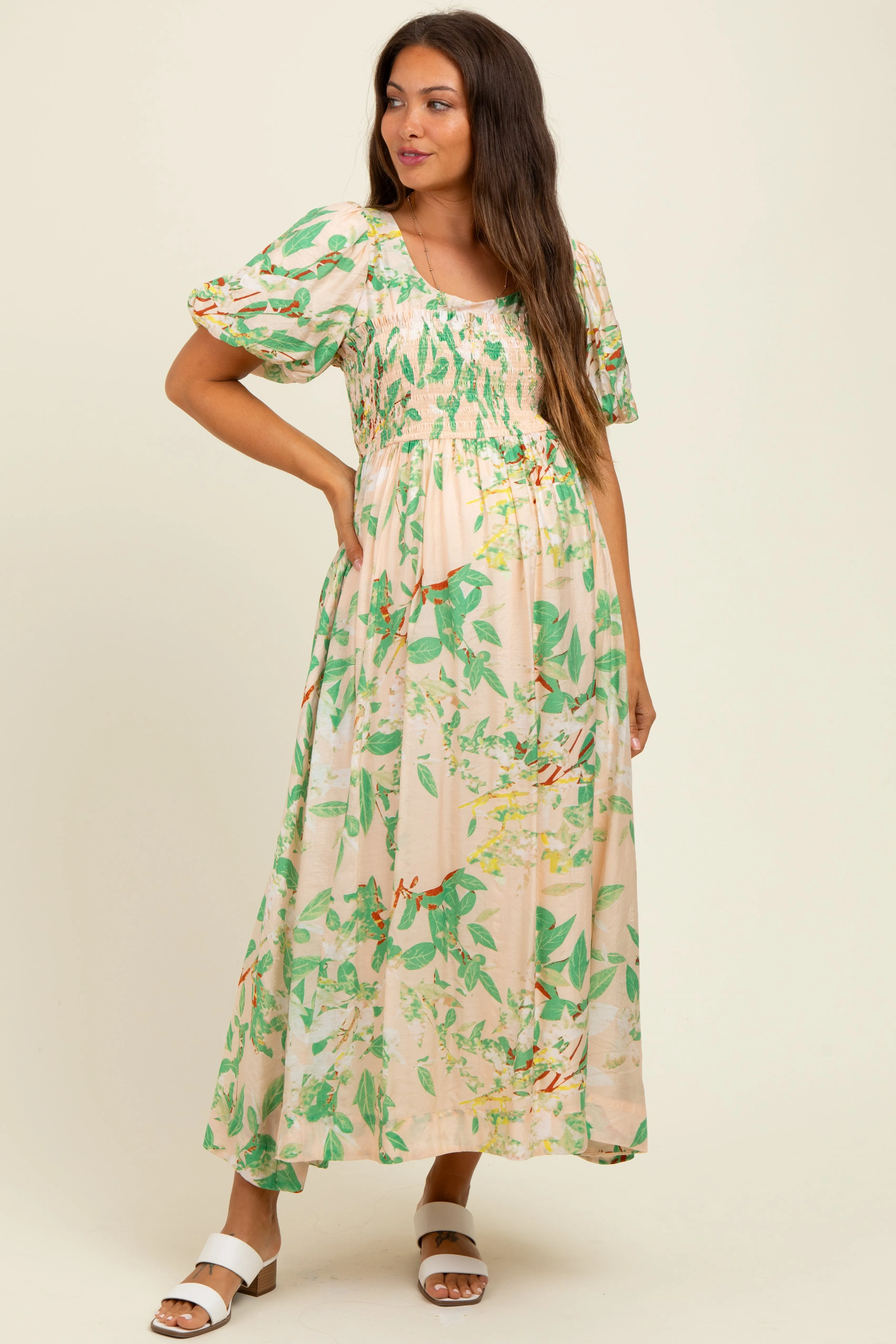 Green Print Puff Sleeve Square Neck Maternity Maxi Dress sold by Pinkblush product image thumbnail 2