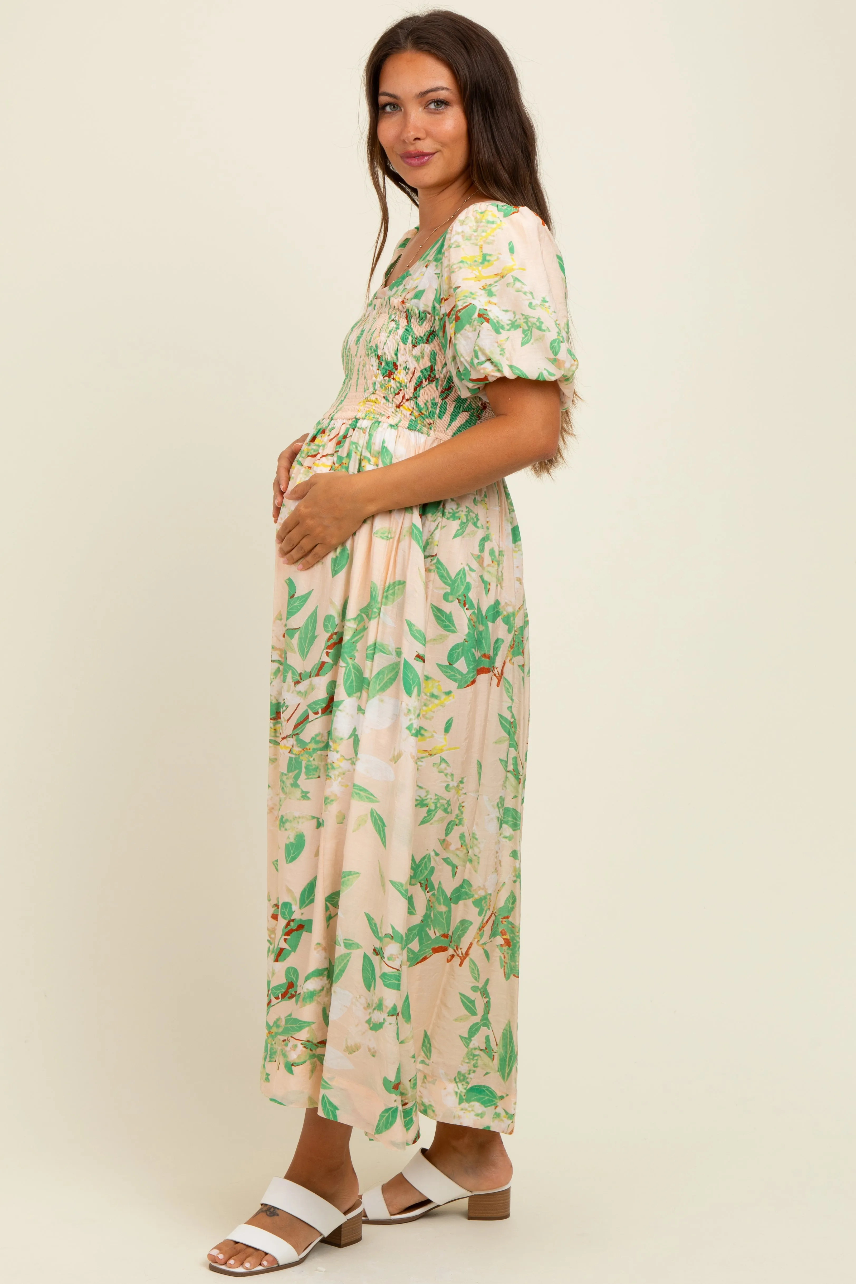 Green Print Puff Sleeve Square Neck Maternity Maxi Dress sold by Pinkblush product image thumbnail 3