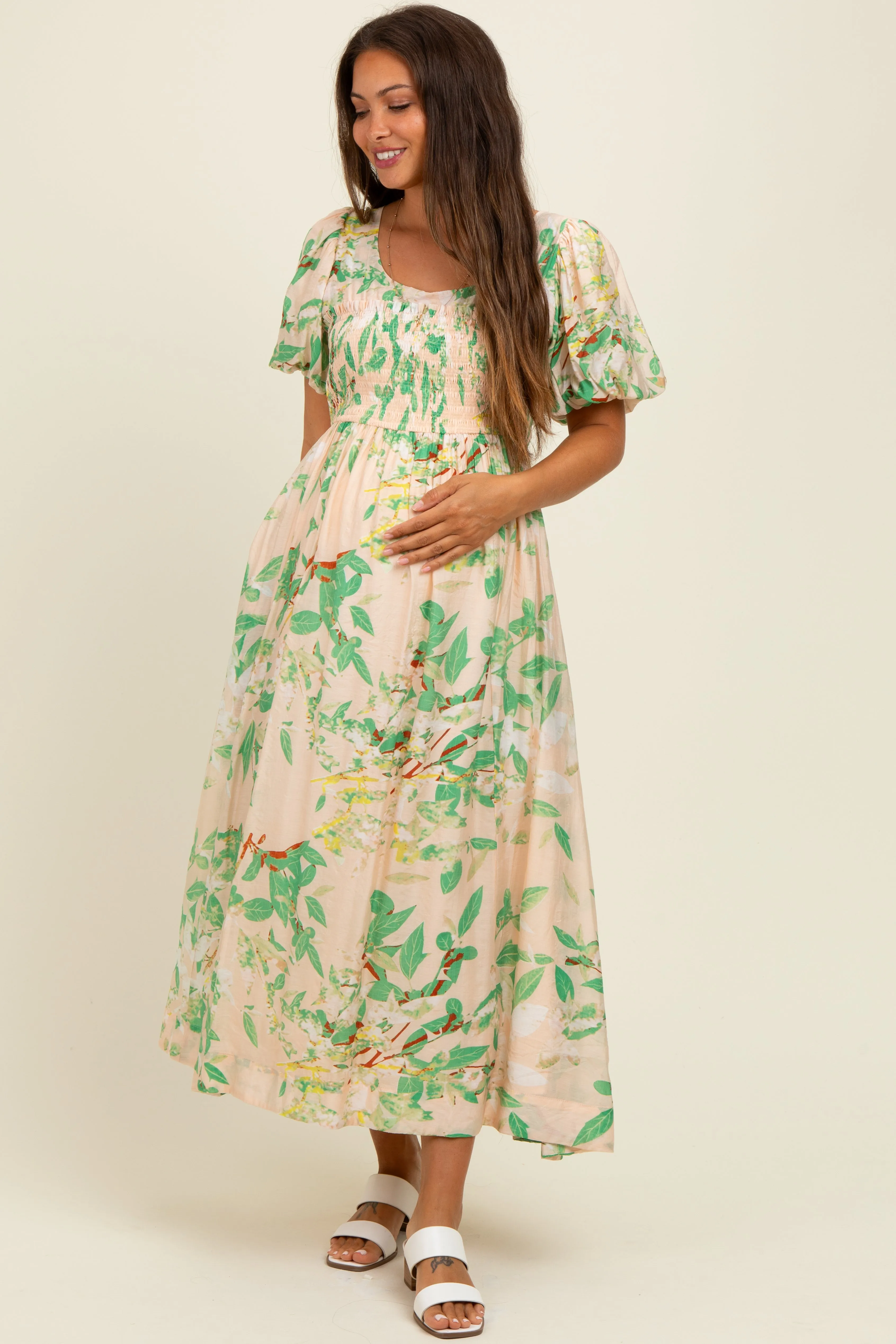 Green Print Puff Sleeve Square Neck Maternity Maxi Dress sold by Pinkblush