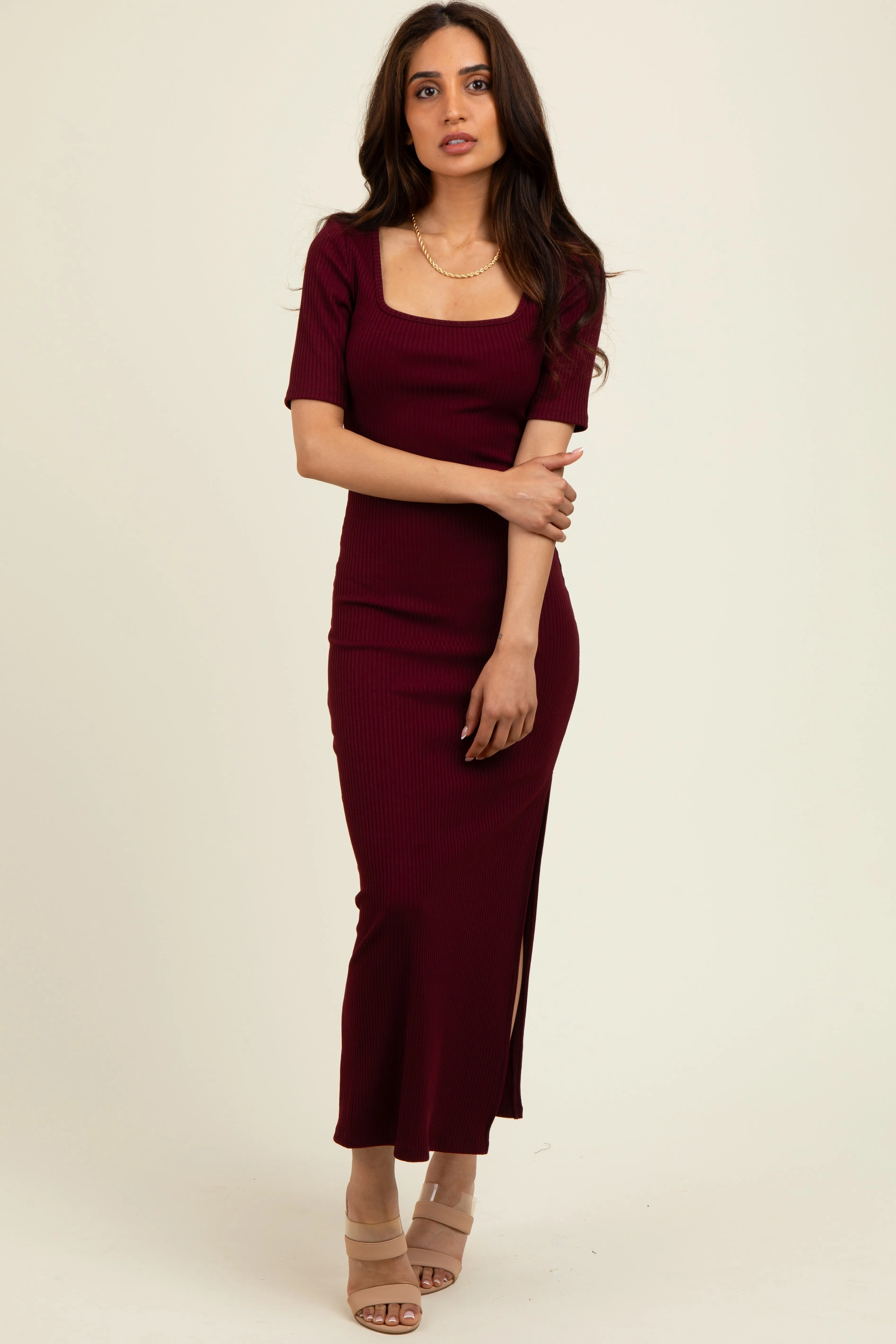 Wine Short Sleeve Midi Slip Maternity Dress sold by Pinkblush product image thumbnail 5