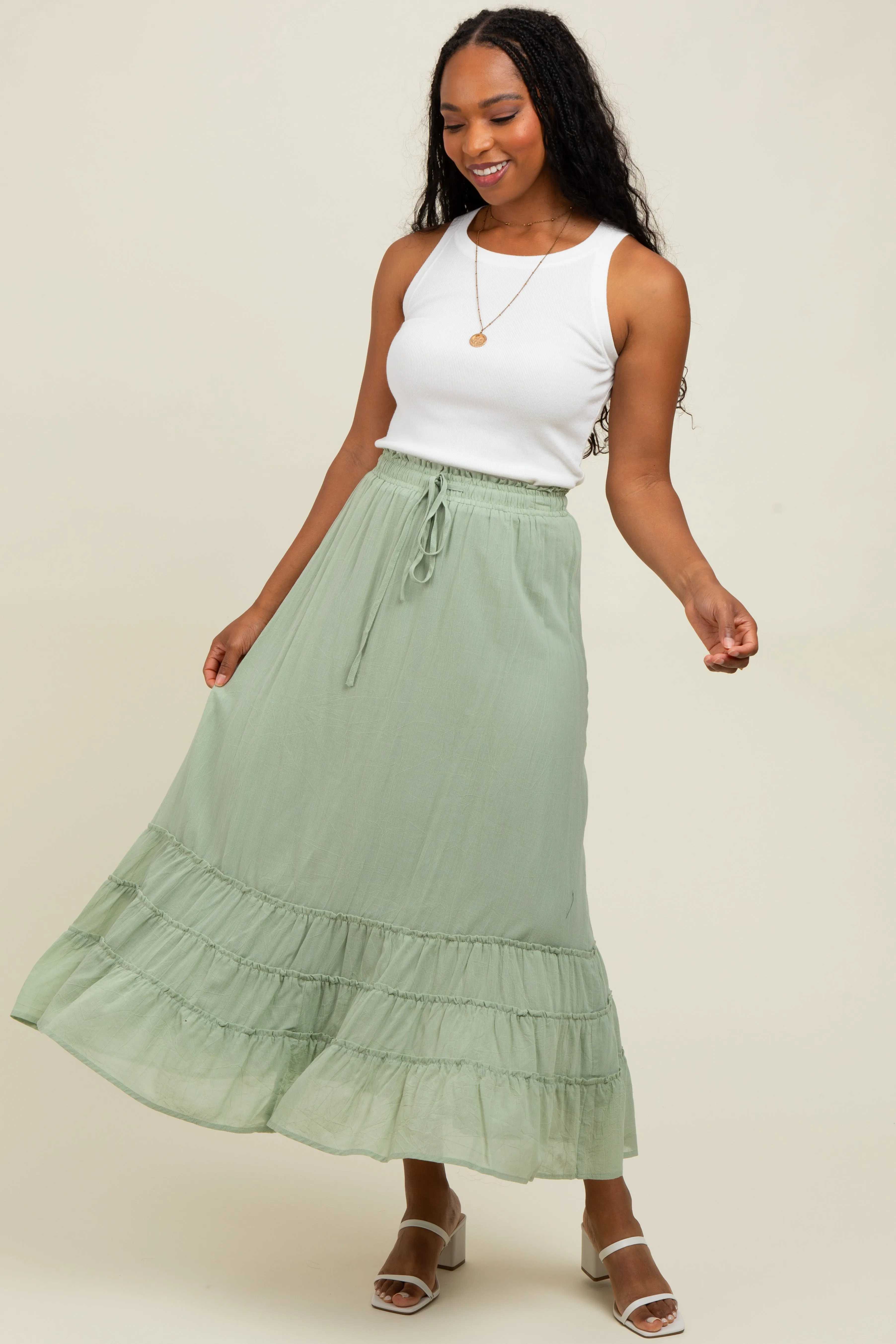 Light Olive Drawstring Layered Ruffle Hem Maxi Skirt sold by Pinkblush product image thumbnail 2