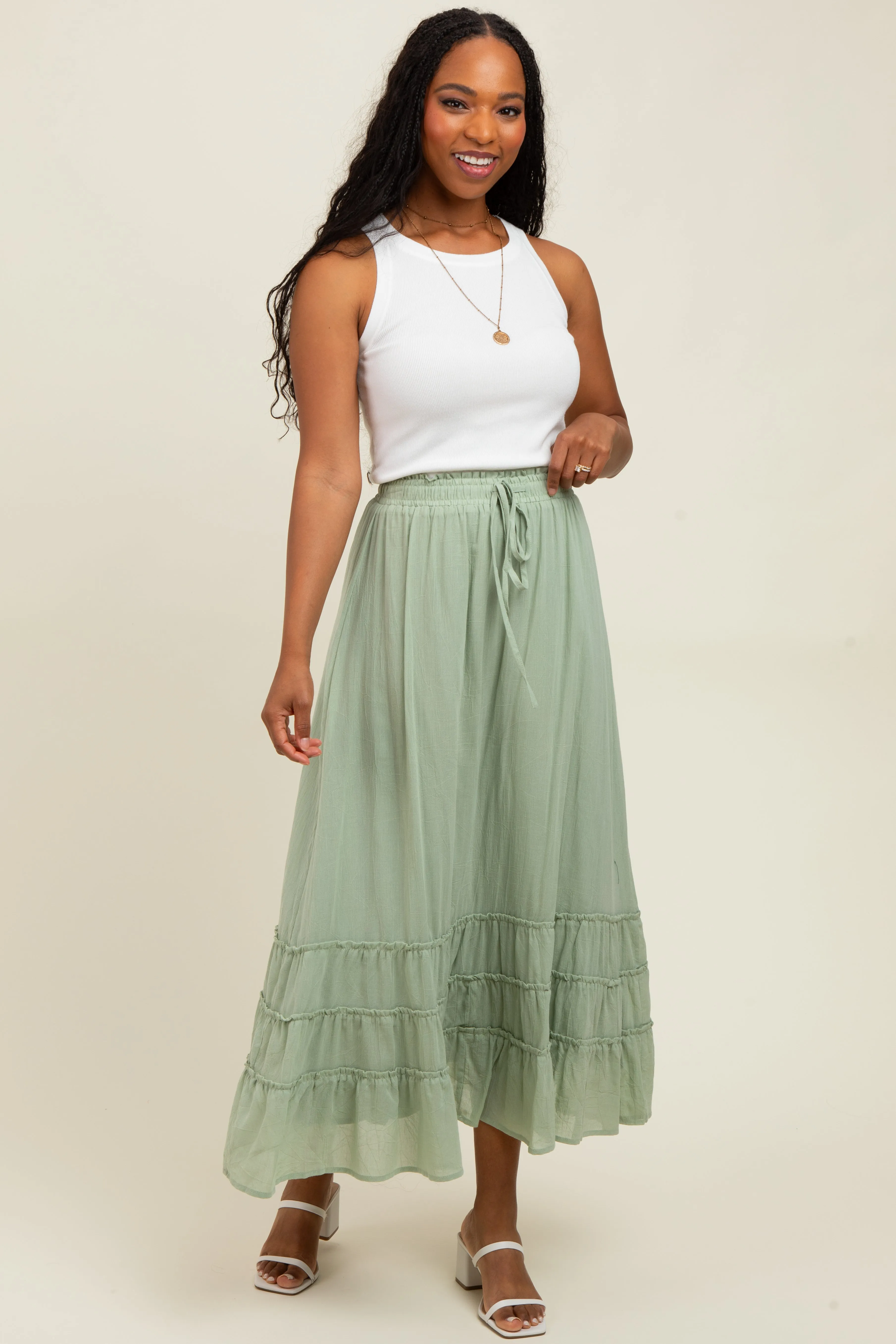 Light Olive Drawstring Layered Ruffle Hem Maxi Skirt sold by Pinkblush