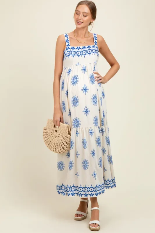 Blue Border Print Sleeveless Tiered Maternity Maxi Dress sold by Pinkblush