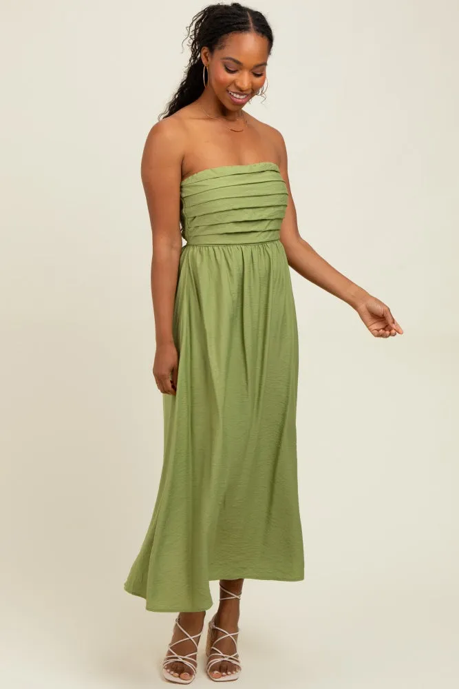 Light Olive Pleated Bodice Strapless Midi Dress sold by Pinkblush