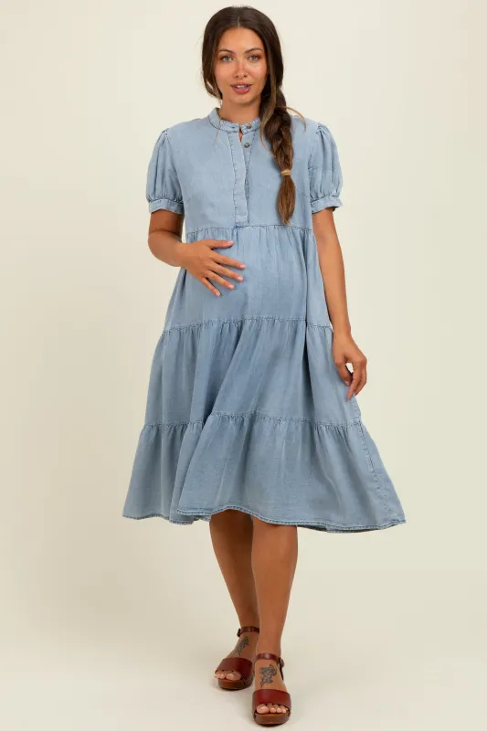 Light Blue Chambray Charm Tiered Maternity Midi Dress sold by Pinkblush