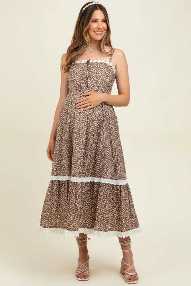 Mocha Mousse Lace Overlay Maternity Maxi Dress sold by Pinkblush