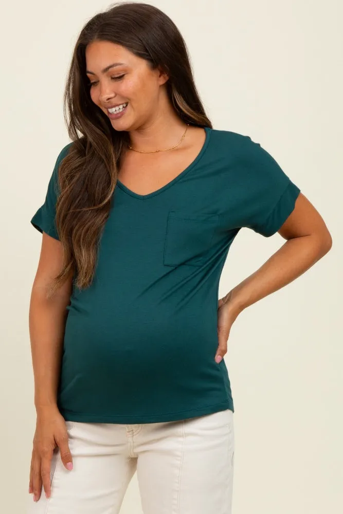Forest Green V-Neck Front Pocket Maternity Short Sleeve T-Shirt sold by Pinkblush