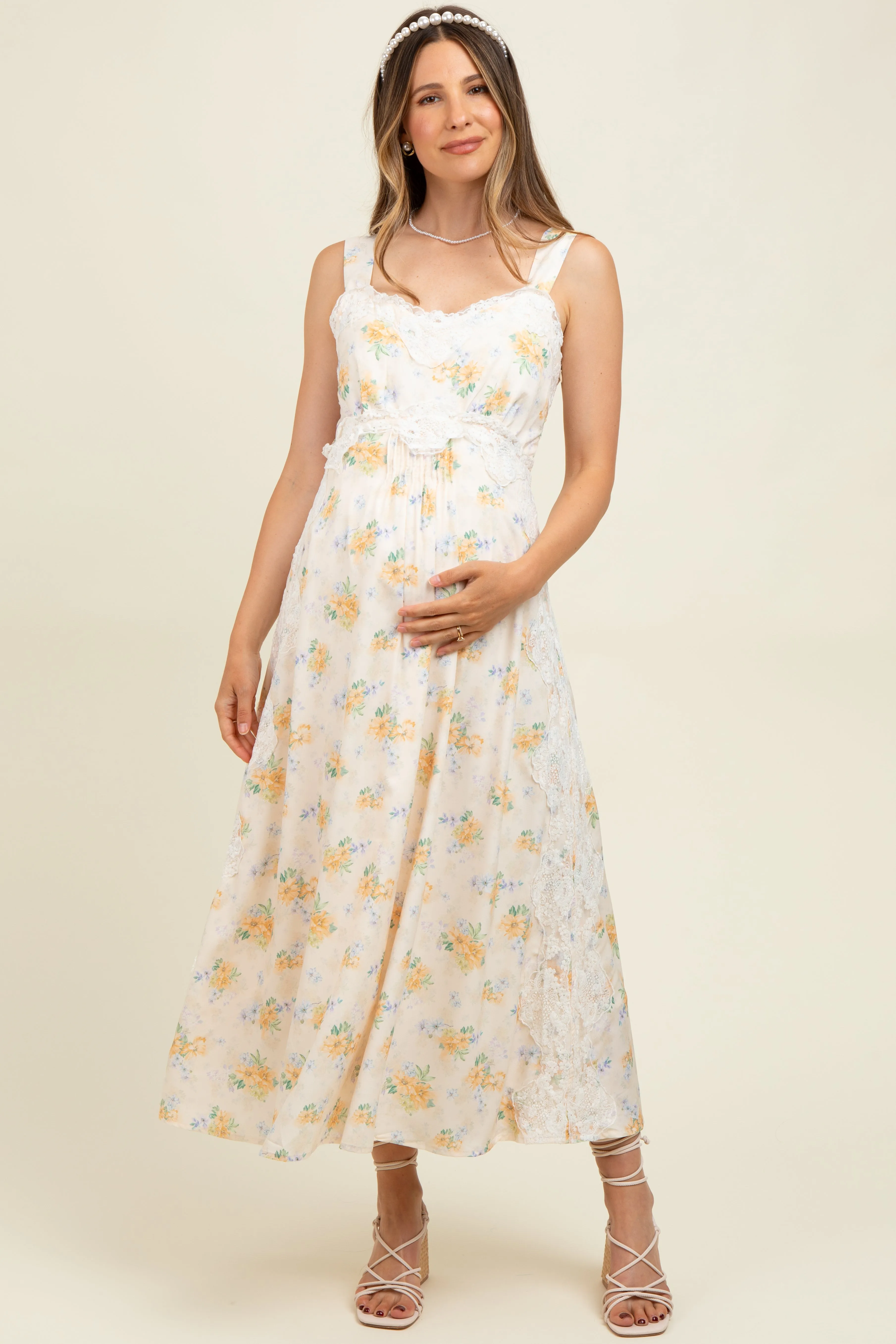 Yellow Floral Lace Overlay Maternity Maxi Dress sold by Pinkblush