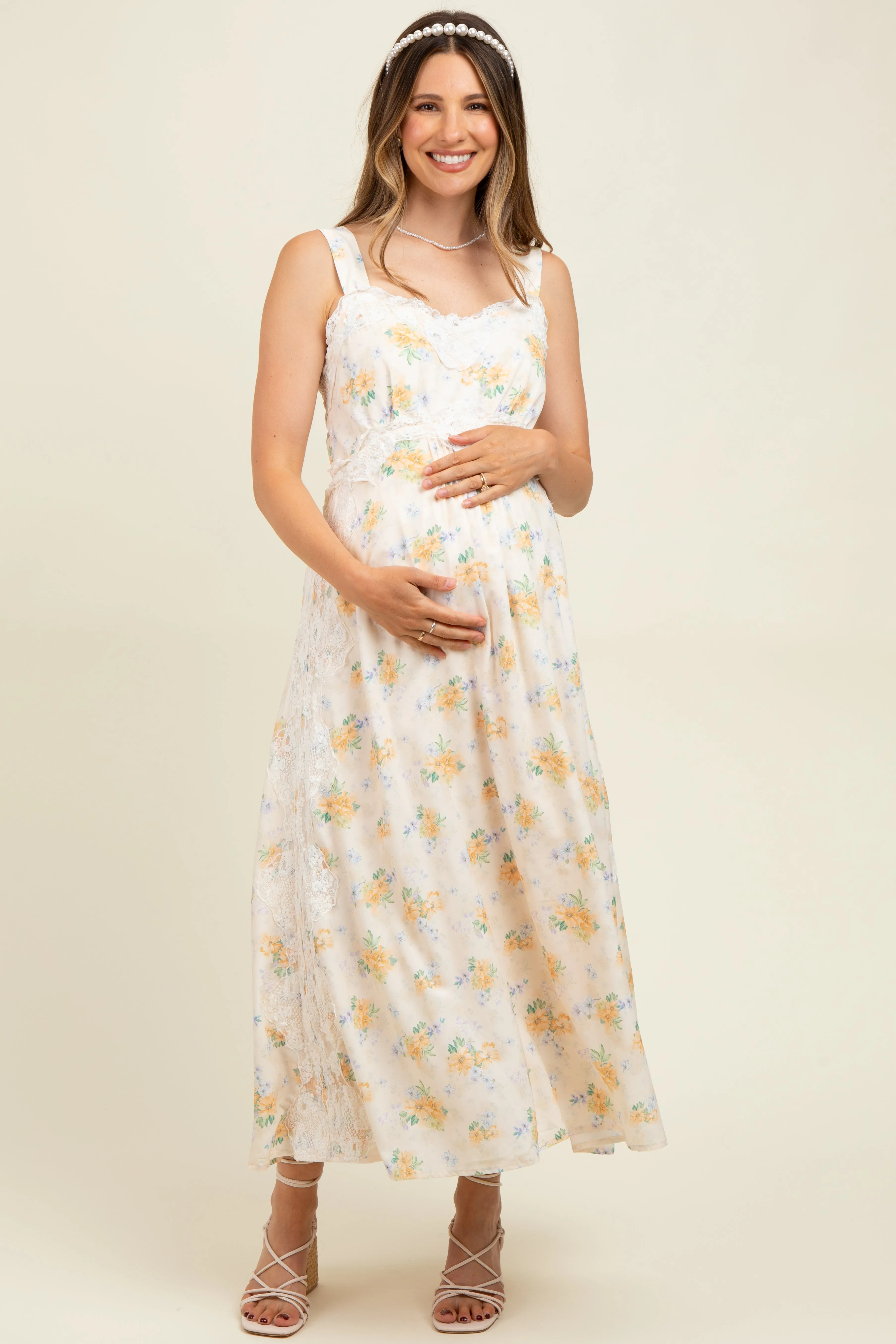 Yellow Floral Lace Overlay Maternity Maxi Dress sold by Pinkblush product image thumbnail 2