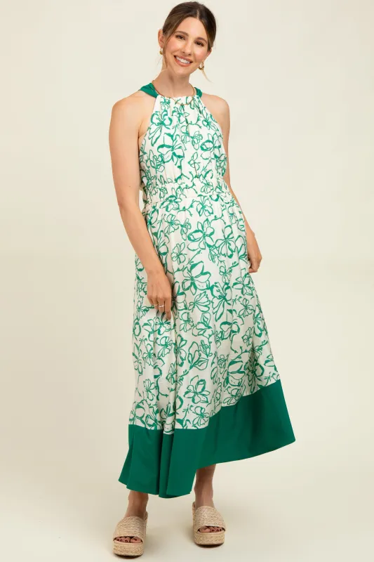 Green Floral Bow Tie Sleeveless Maternity Midi Dress sold by Pinkblush