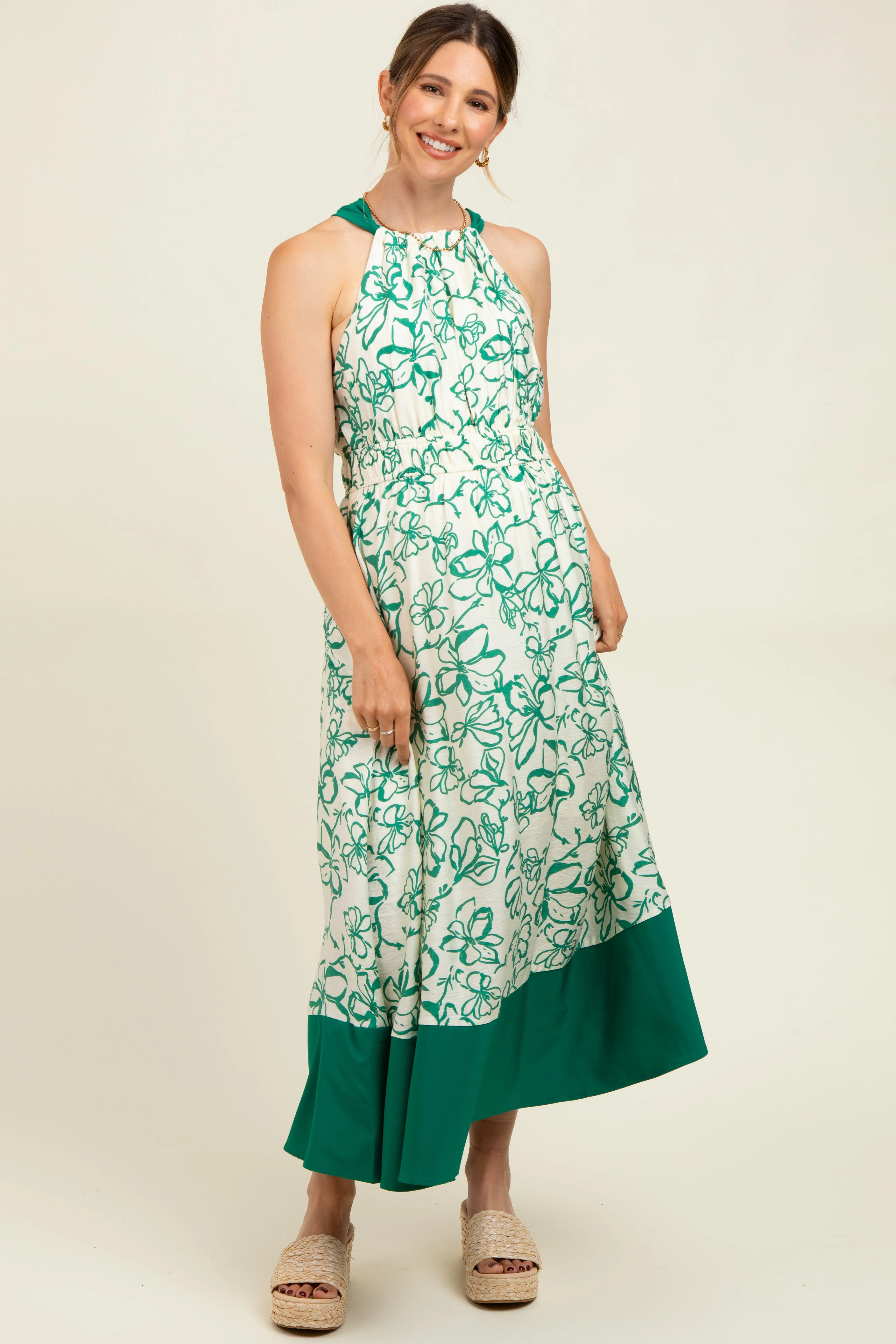 Green Floral Bow Tie Sleeveless Maternity Midi Dress sold by Pinkblush
