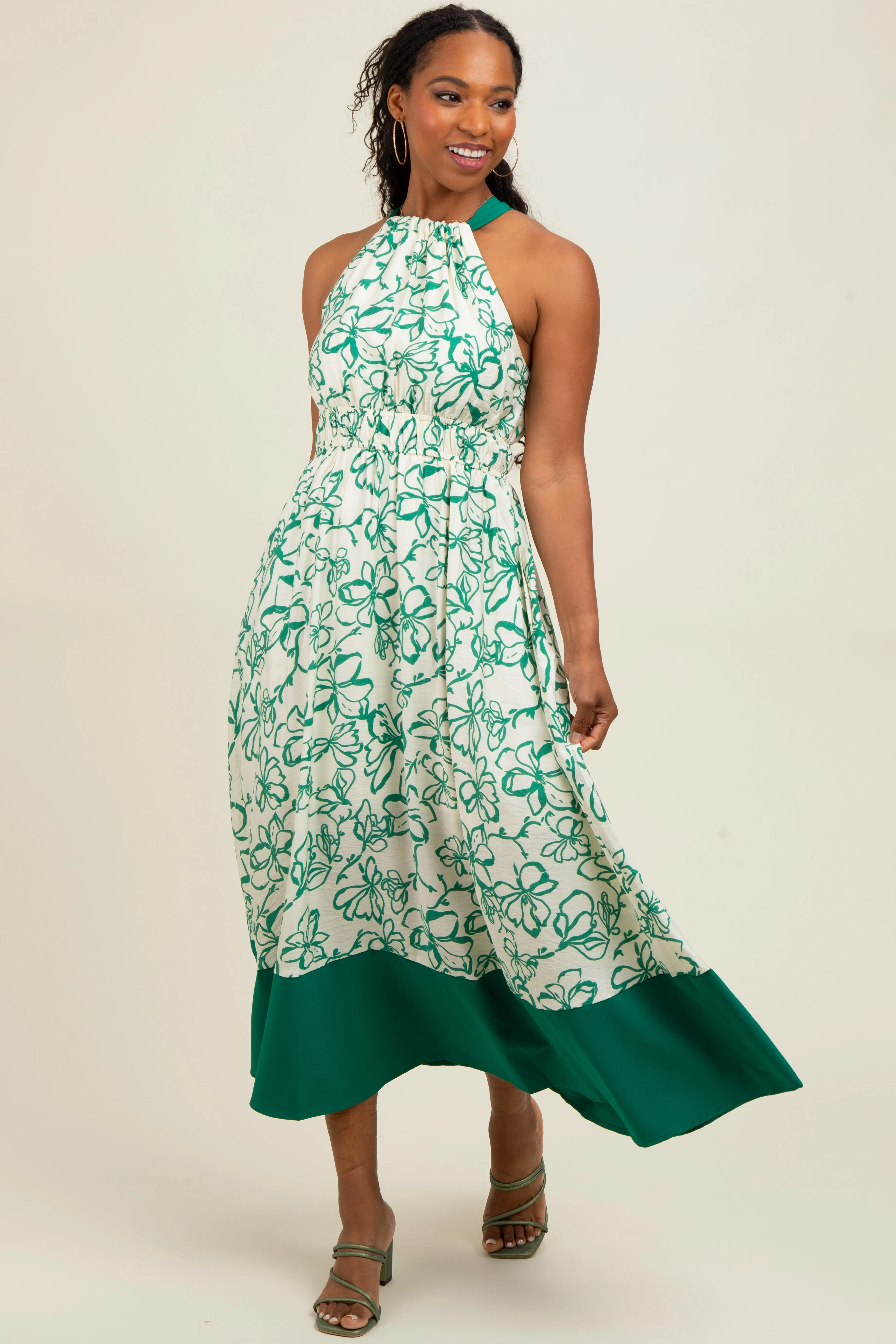 Green Floral Bow Tie Sleeveless Maternity Midi Dress sold by Pinkblush product image thumbnail 4
