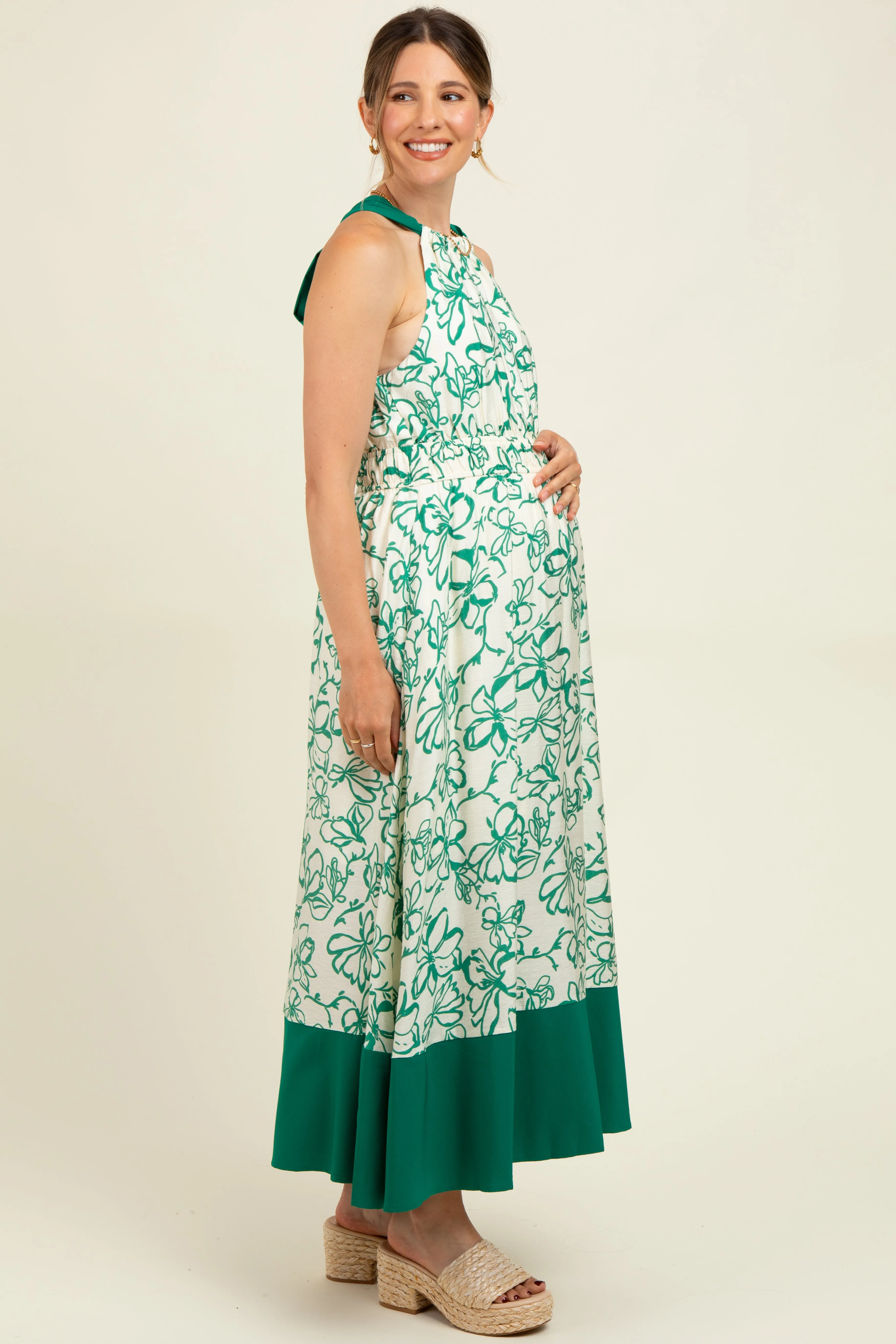 Green Floral Bow Tie Sleeveless Maternity Midi Dress sold by Pinkblush product image thumbnail 2