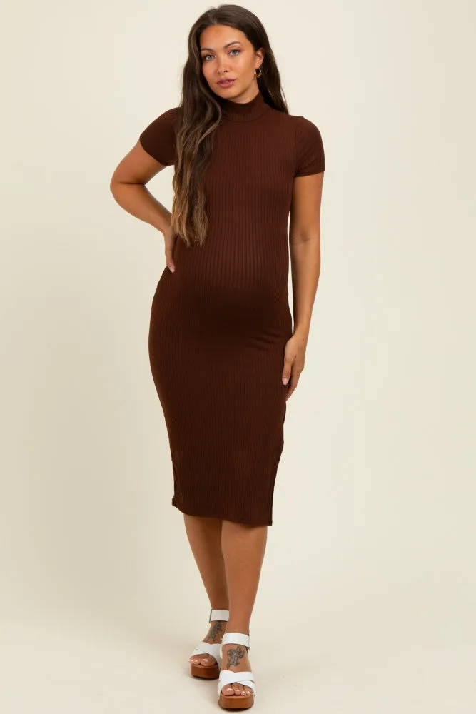 Brown Mock Neck Short Sleeve Maternity Dress sold by Pinkblush product image thumbnail 3