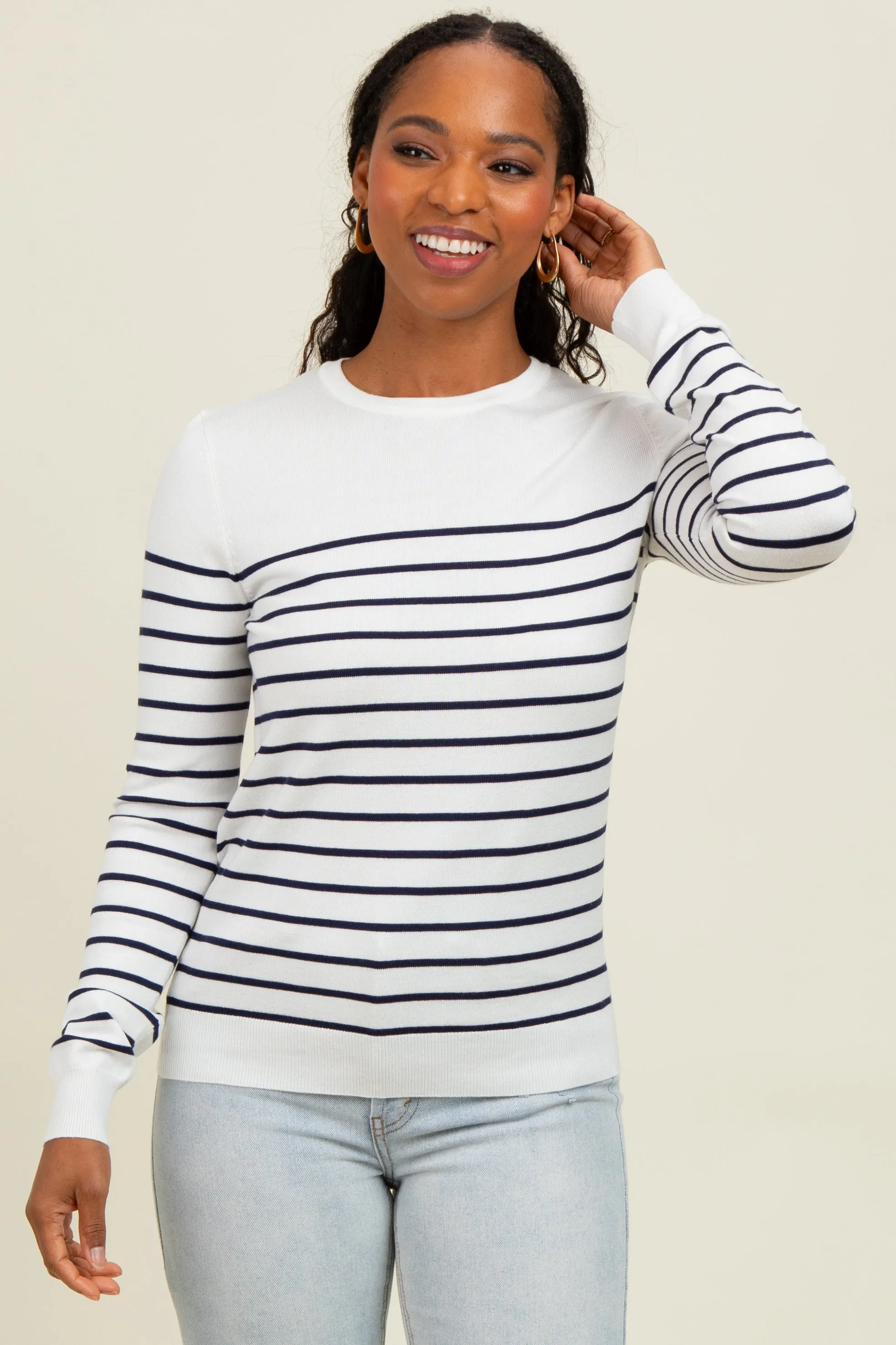 Navy Striped Knit Long Sleeve Top sold by Pinkblush