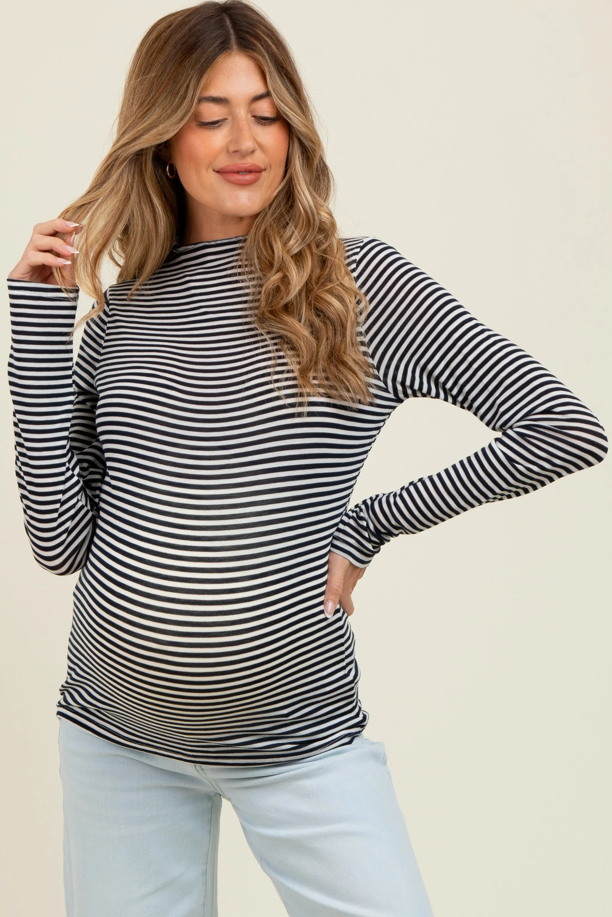 Navy Striped High Neck Maternity Long Sleeve Top sold by Pinkblush