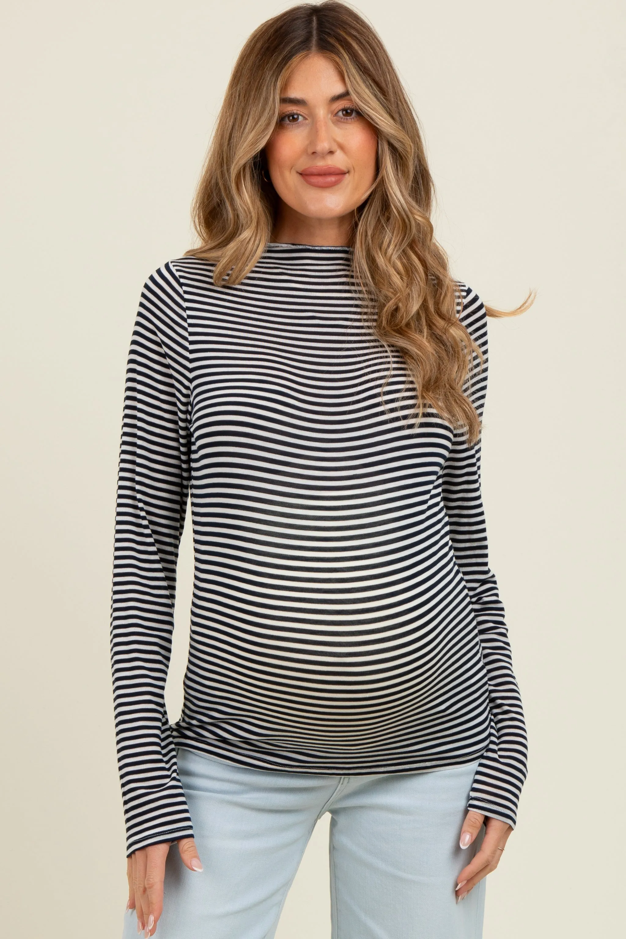 Navy Striped High Neck Maternity Long Sleeve Top sold by Pinkblush product image thumbnail 2