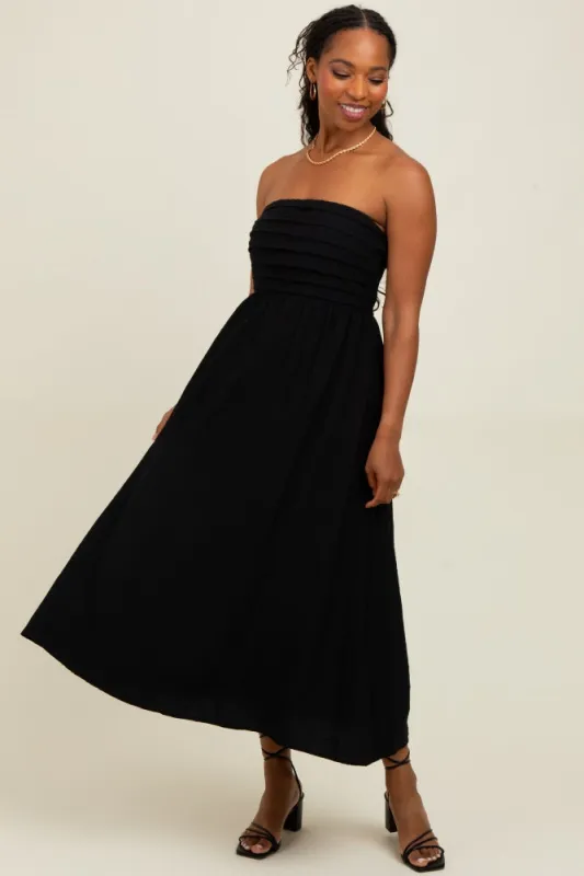 Black Pleated Bodice Strapless Midi Dress sold by Pinkblush