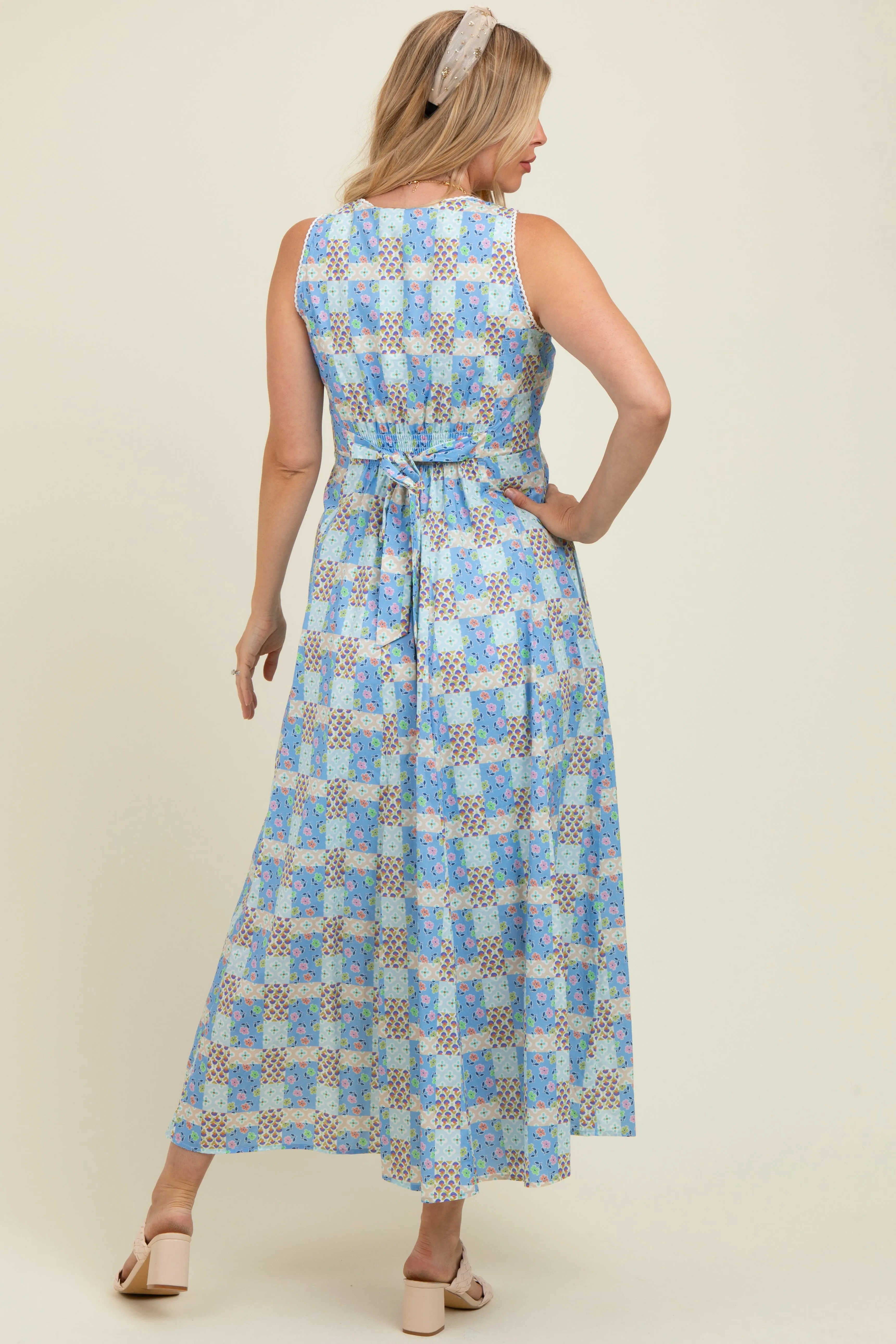 Light Blue Multi Cotton Patchwork Print Button Down Maternity Maxi sold by Pinkblush product image thumbnail 4