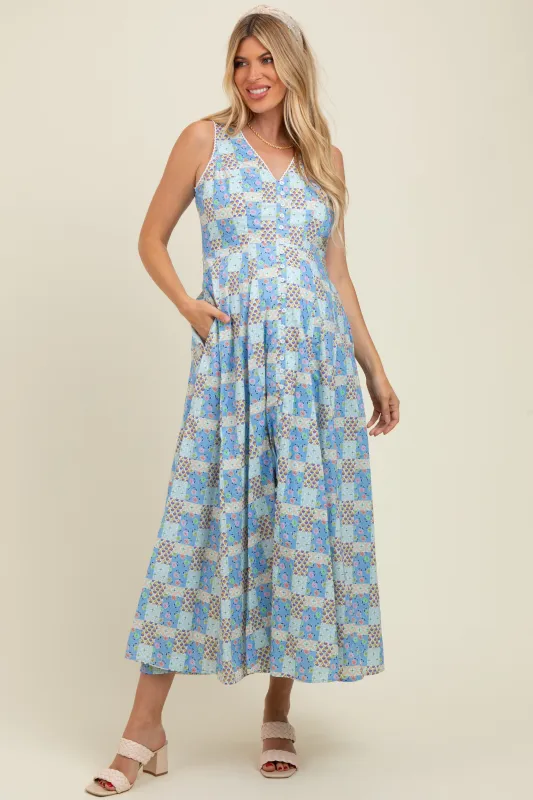 Light Blue Multi Cotton Patchwork Print Button Down Maternity Maxi sold by Pinkblush