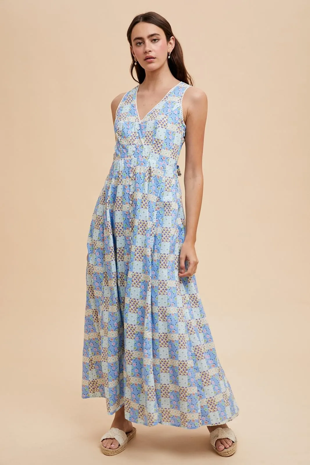 Light Blue Multi Cotton Patchwork Print Button Down Maternity Maxi sold by Pinkblush product image thumbnail 5