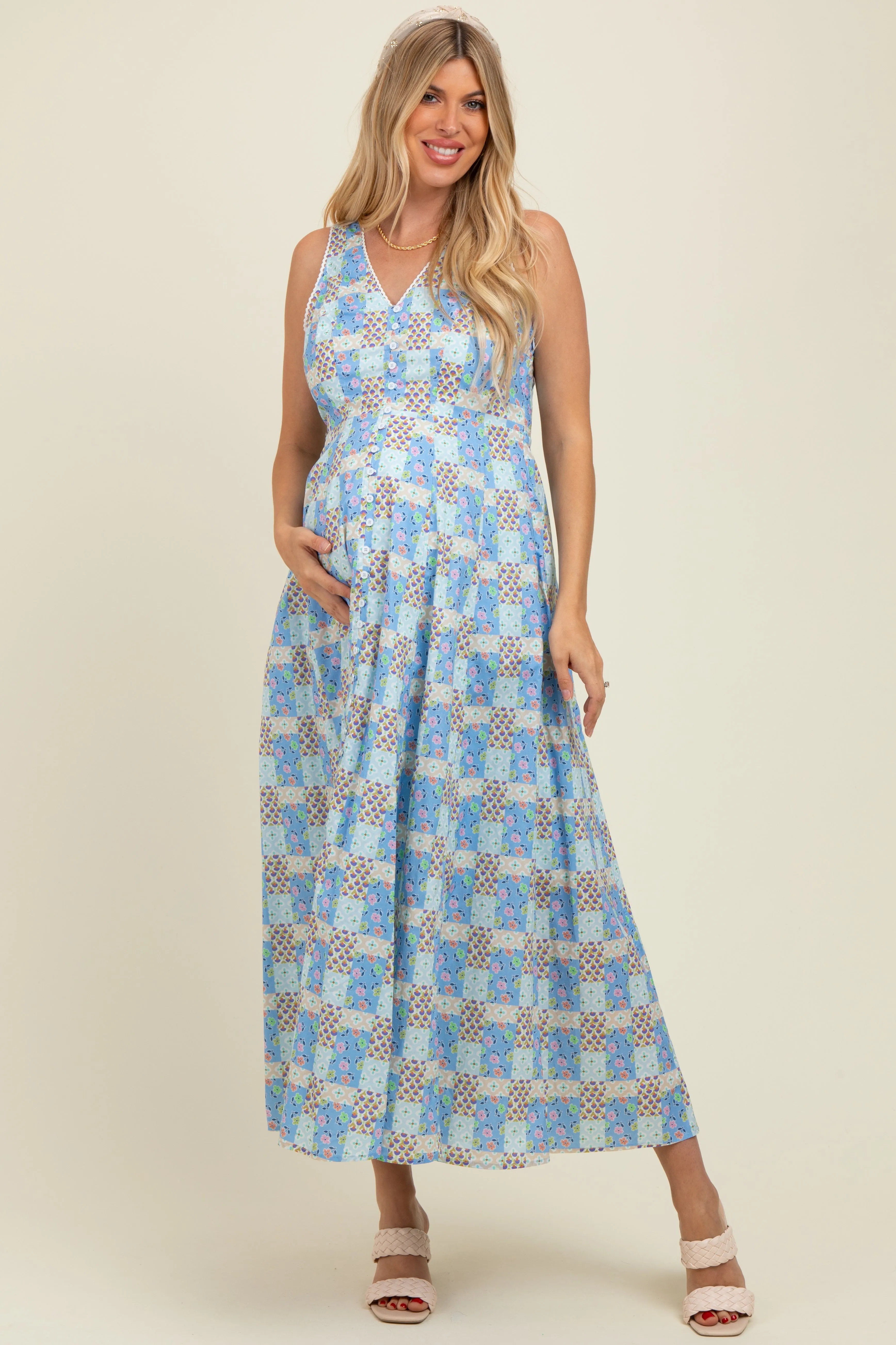 Light Blue Multi Cotton Patchwork Print Button Down Maternity Maxi sold by Pinkblush product image thumbnail 2