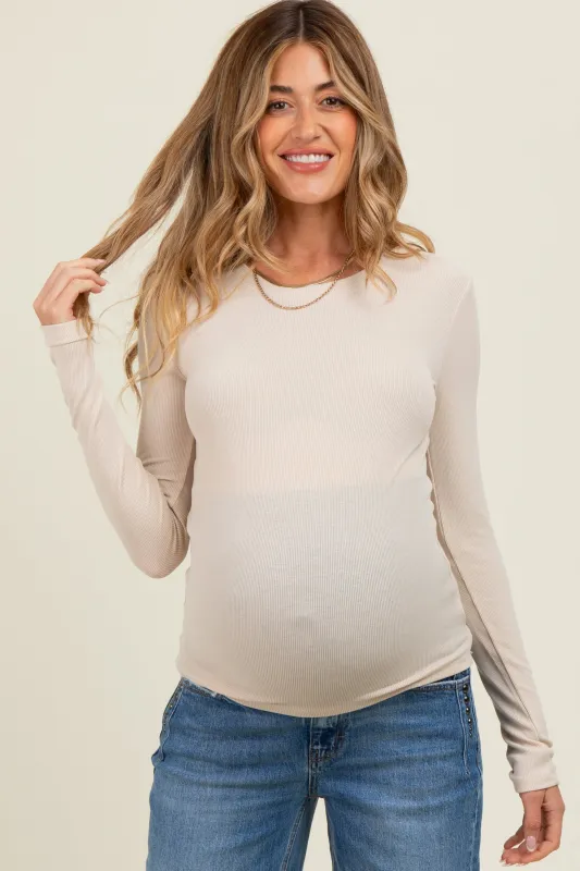 Cream Ribbed Maternity Long Sleeve Top sold by Pinkblush