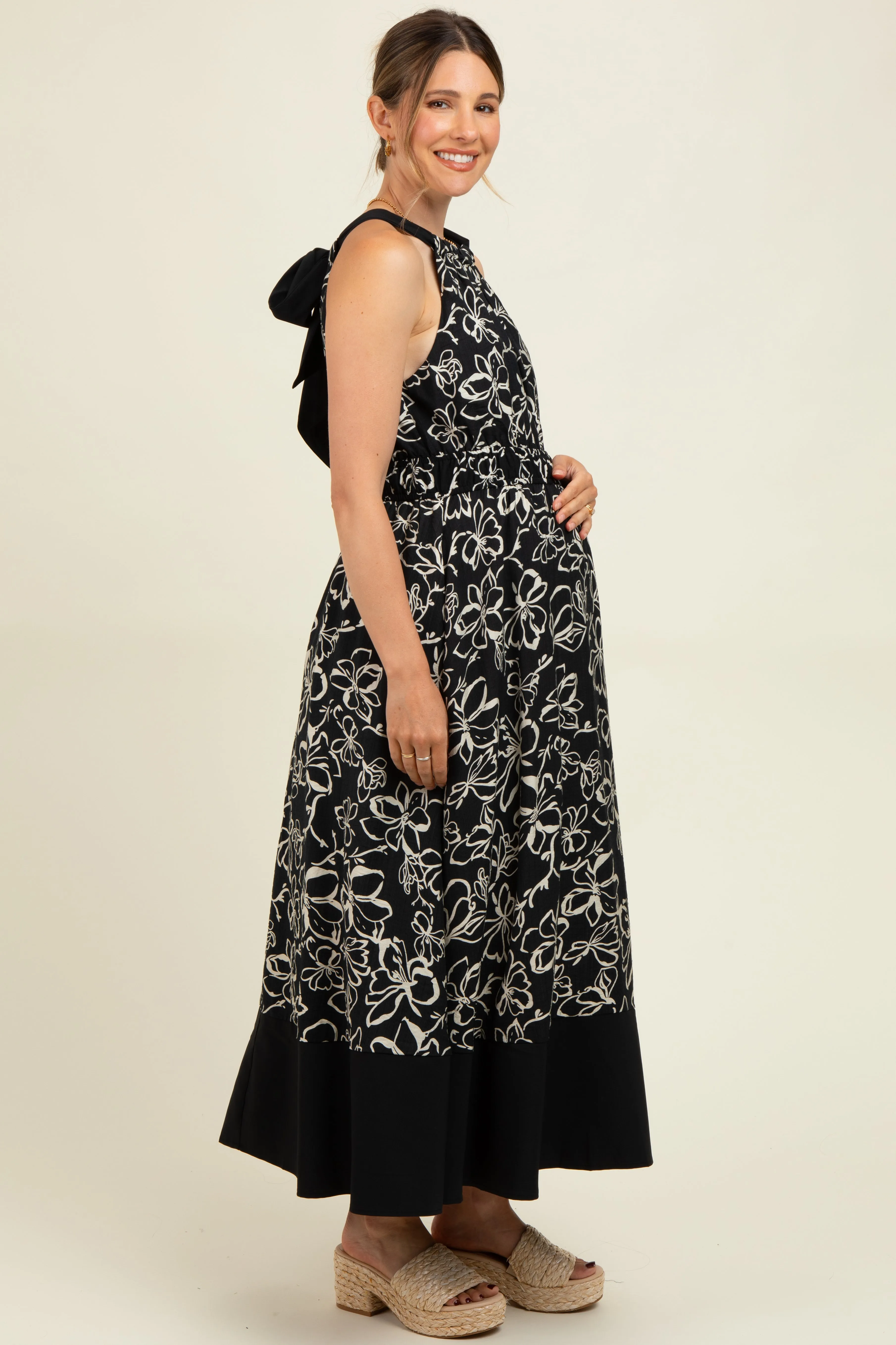 Black Floral Bow Tie Sleeveless Maternity Midi Dress sold by Pinkblush product image thumbnail 2