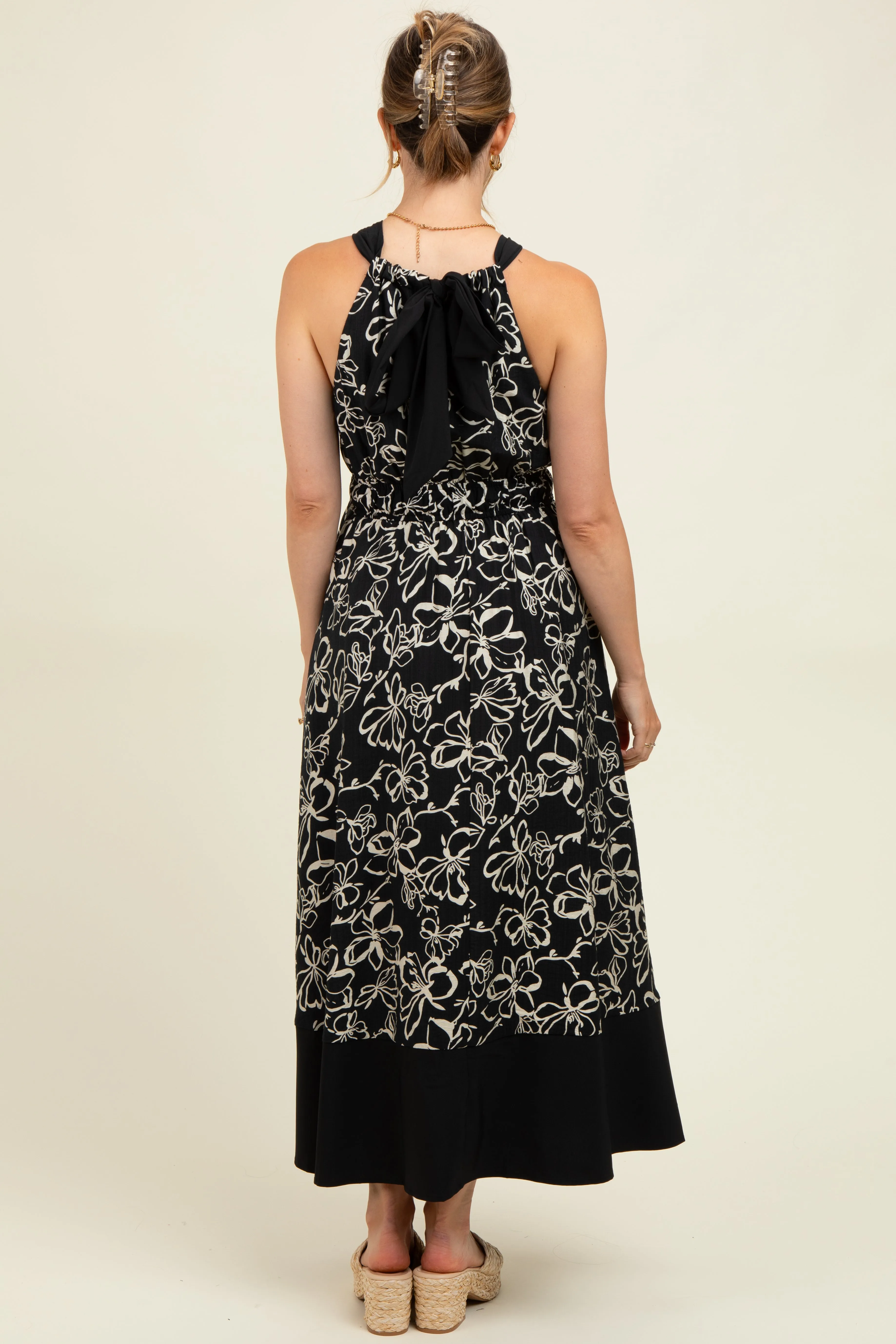 Black Floral Bow Tie Sleeveless Maternity Midi Dress sold by Pinkblush product image thumbnail 3