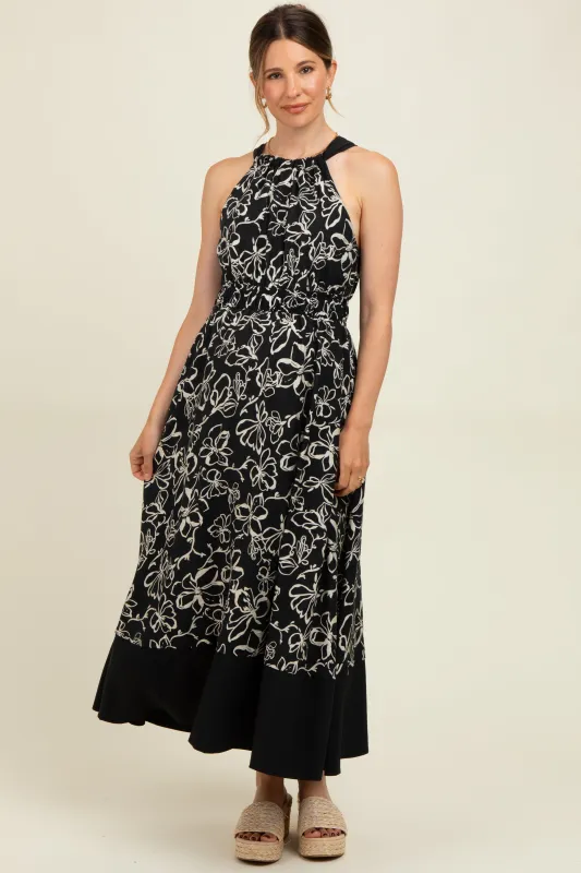 Black Floral Bow Tie Sleeveless Maternity Midi Dress sold by Pinkblush