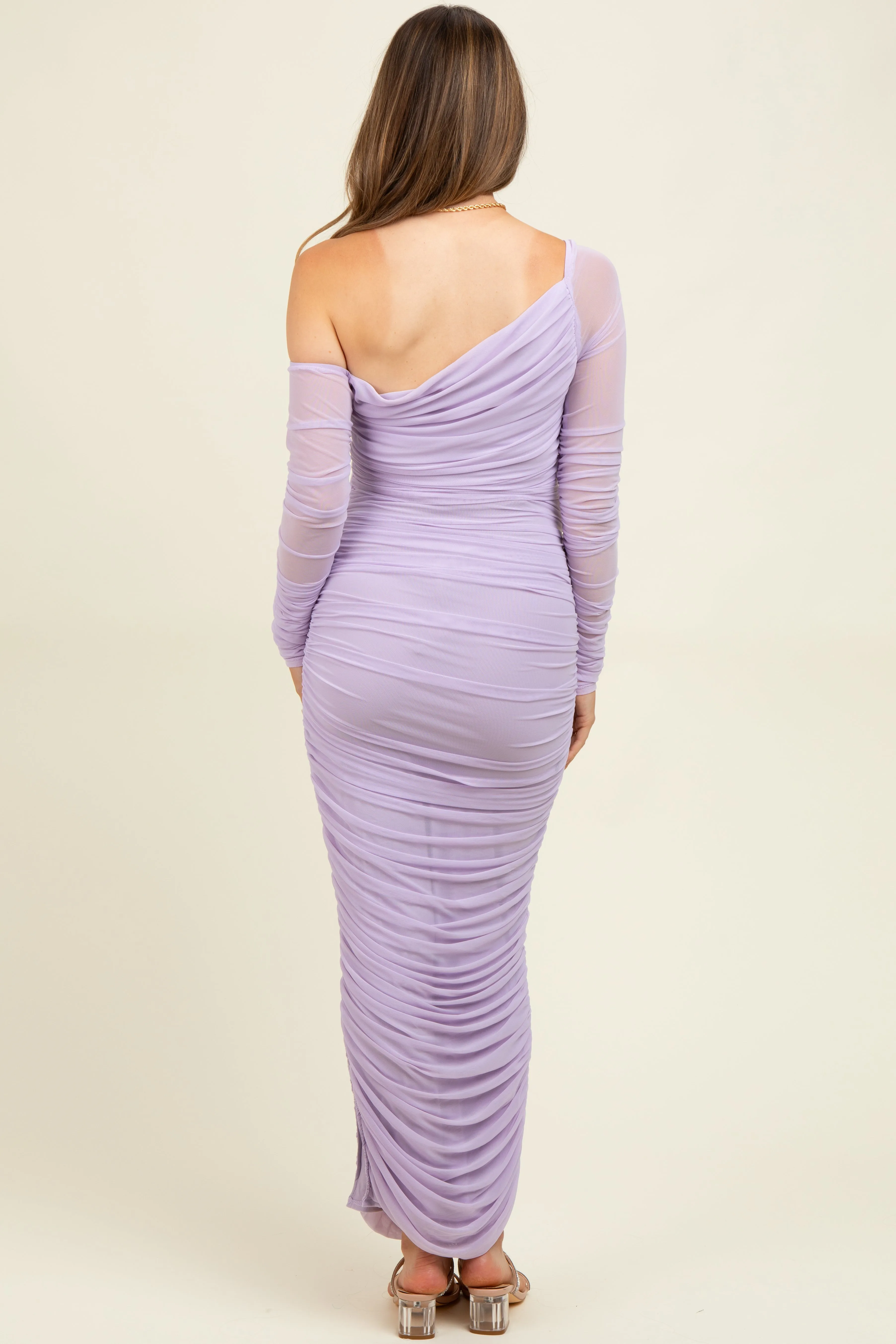 Lavender Ruched Mesh One Shoulder Long Sleeve Maternity Maxi Dress sold by Pinkblush product image thumbnail 4