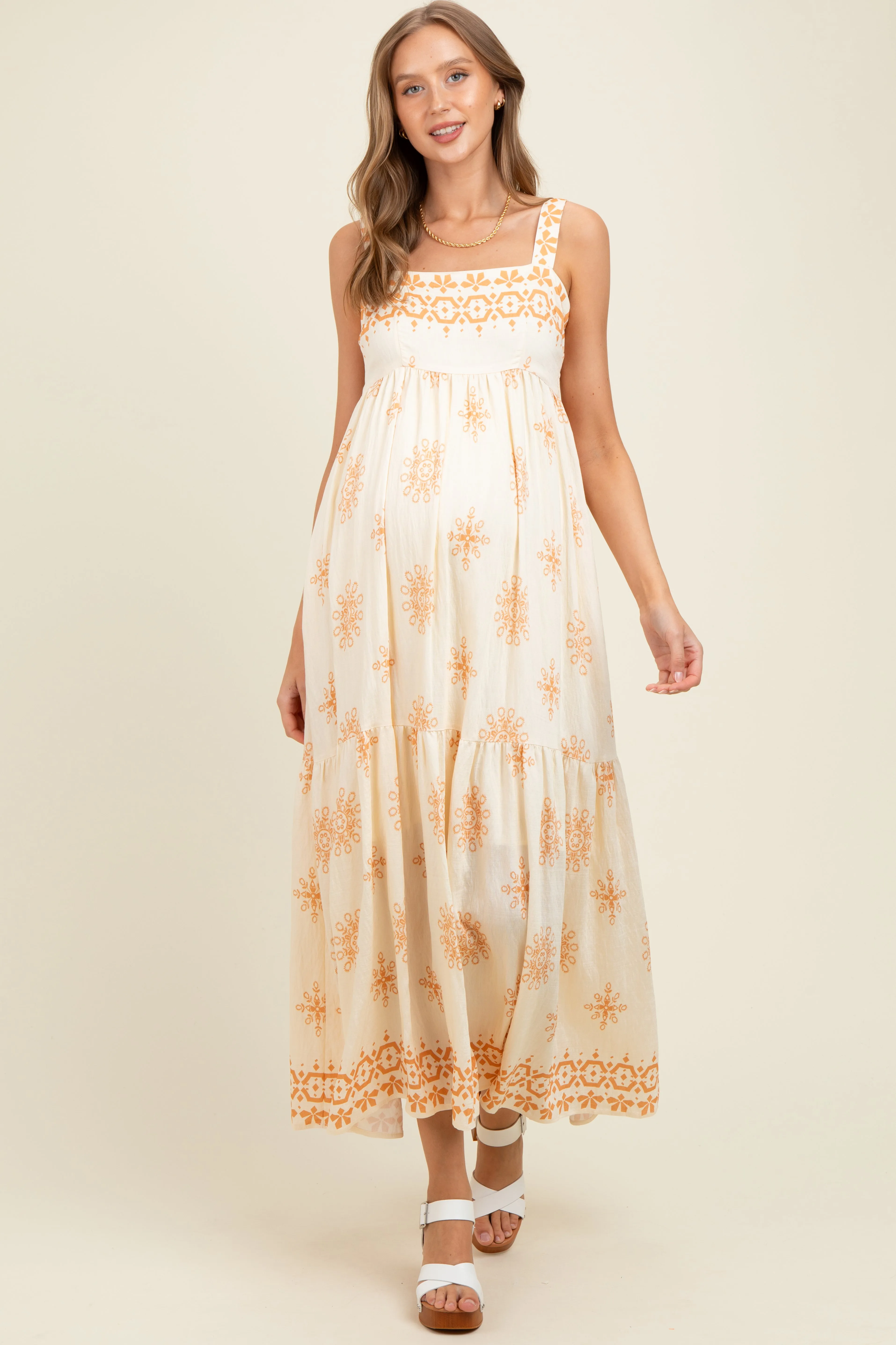 Cream Border Print Sleeveless Tiered Maternity Maxi Dress sold by Pinkblush product image thumbnail 2