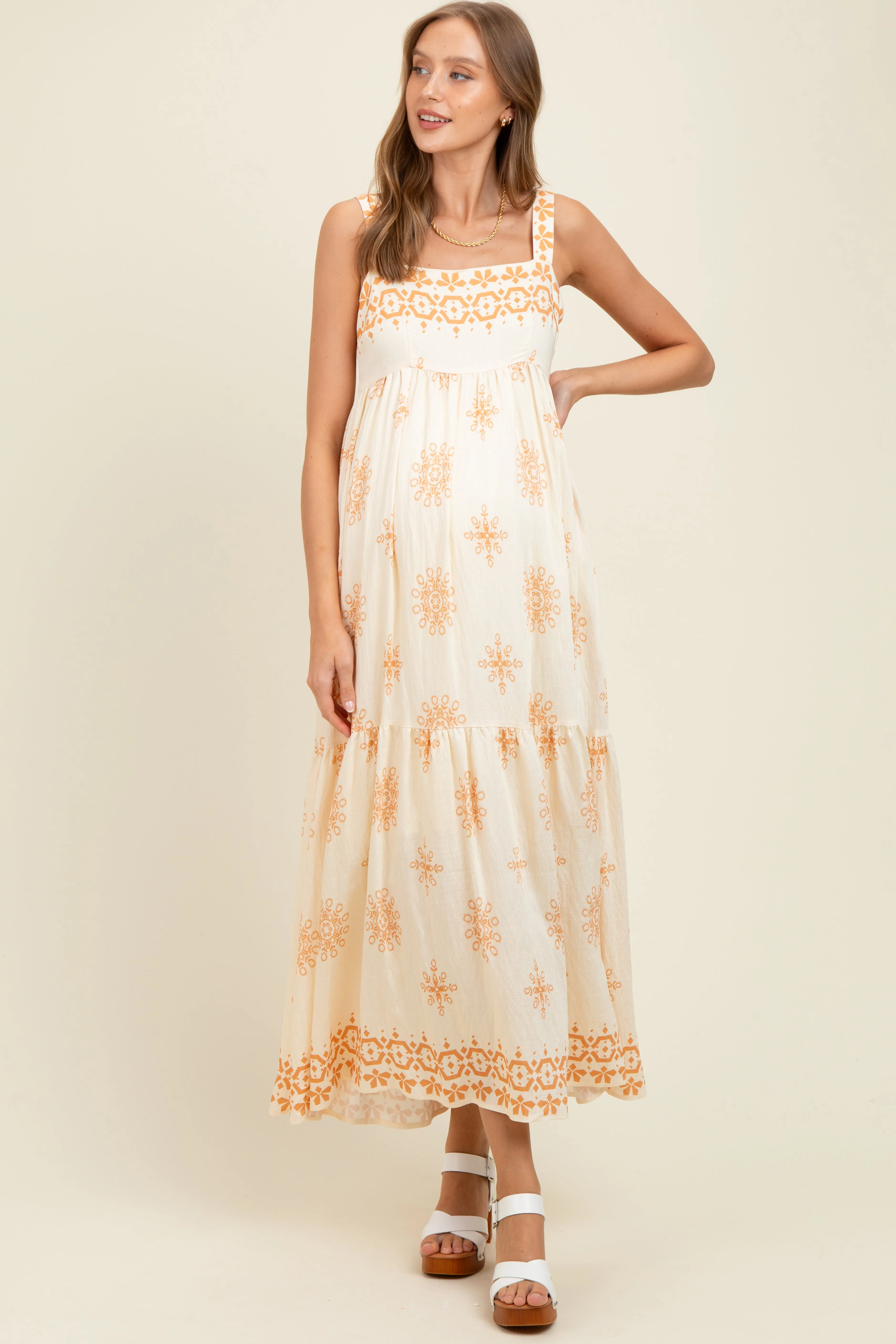 Cream Border Print Sleeveless Tiered Maternity Maxi Dress sold by Pinkblush