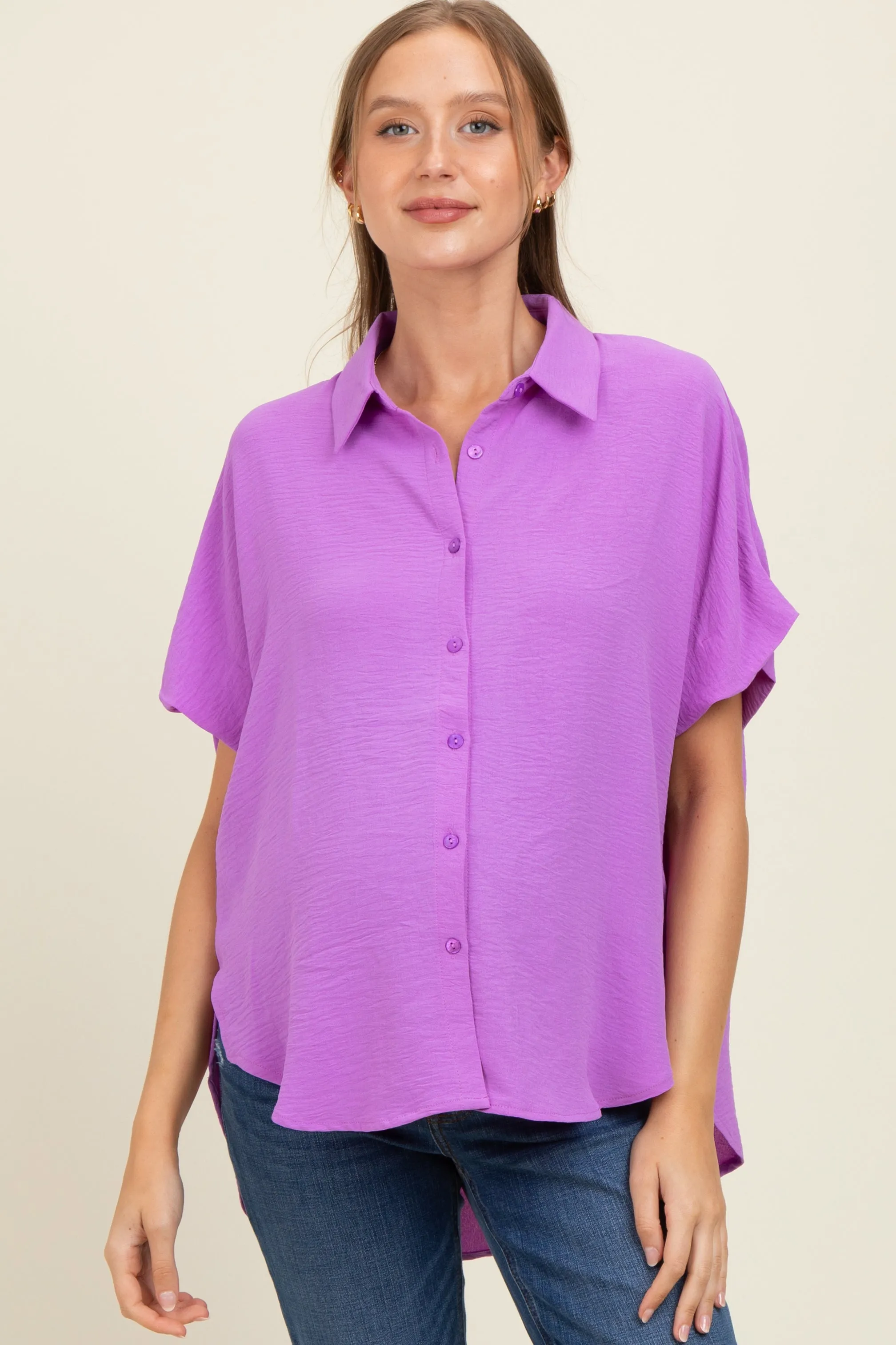Lavender Solid Collared Button-Up Maternity Top sold by Pinkblush