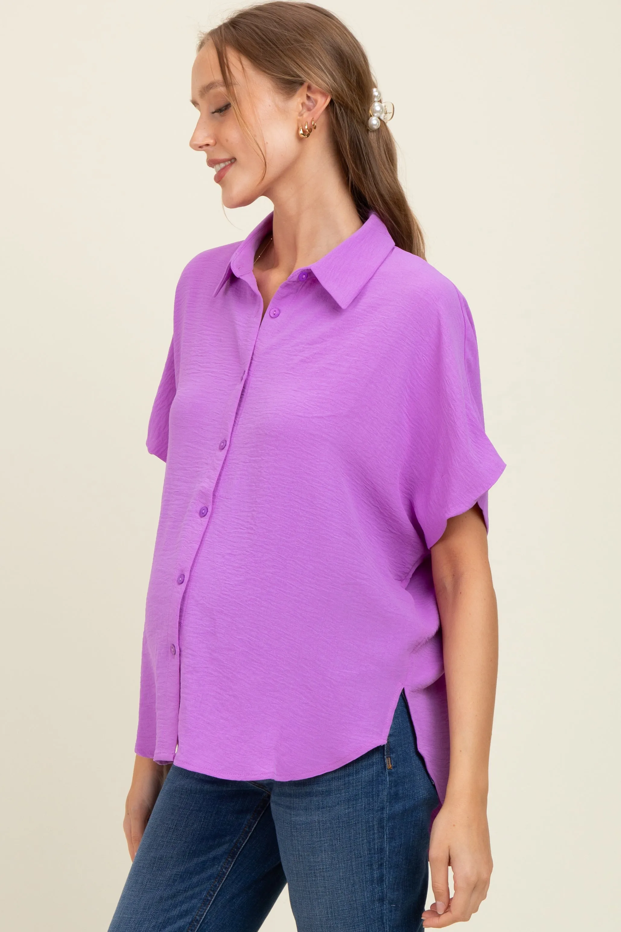 Lavender Solid Collared Button-Up Maternity Top sold by Pinkblush product image thumbnail 2