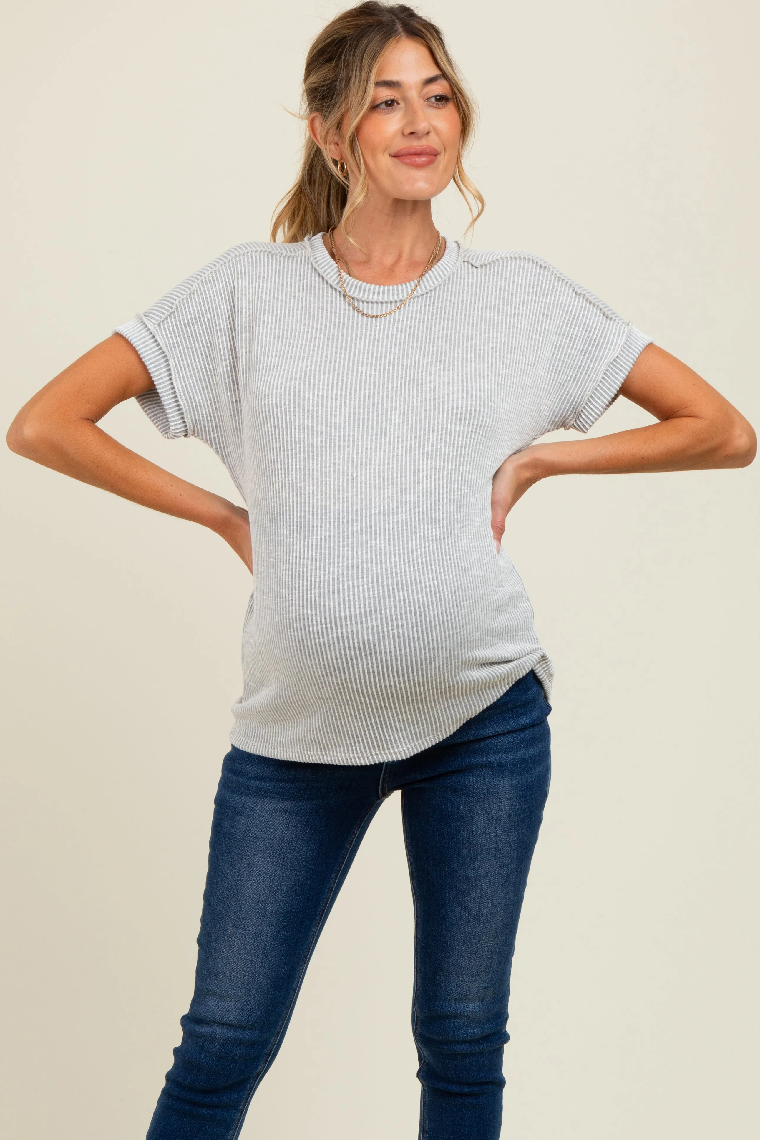 Heather Grey Ribbed Exposed Seam Maternity Short Sleeve Top sold by Pinkblush product image thumbnail 2