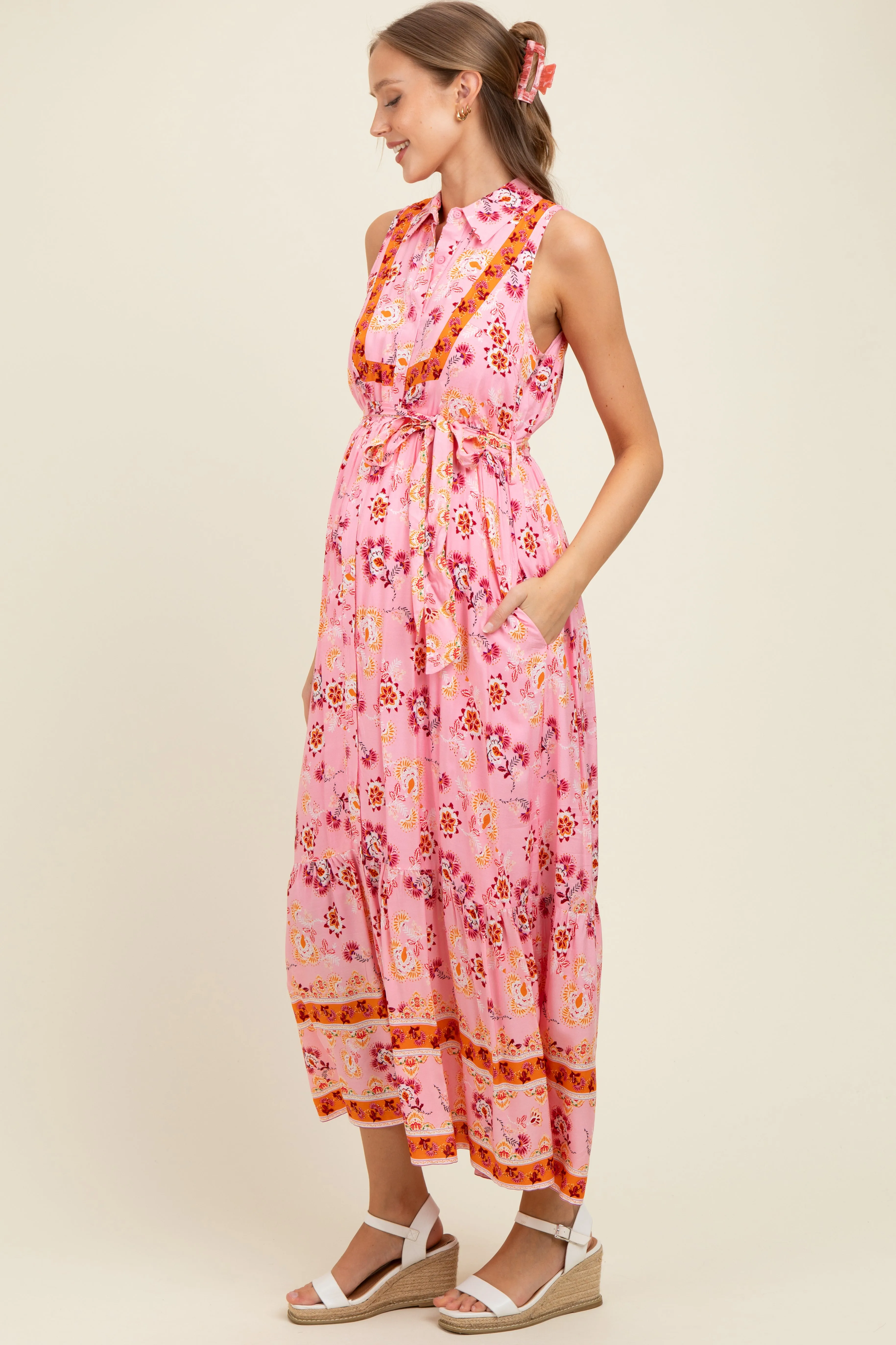 Pink Border Print Collared Button Down Maternity Maxi Dress sold by Pinkblush product image thumbnail 2