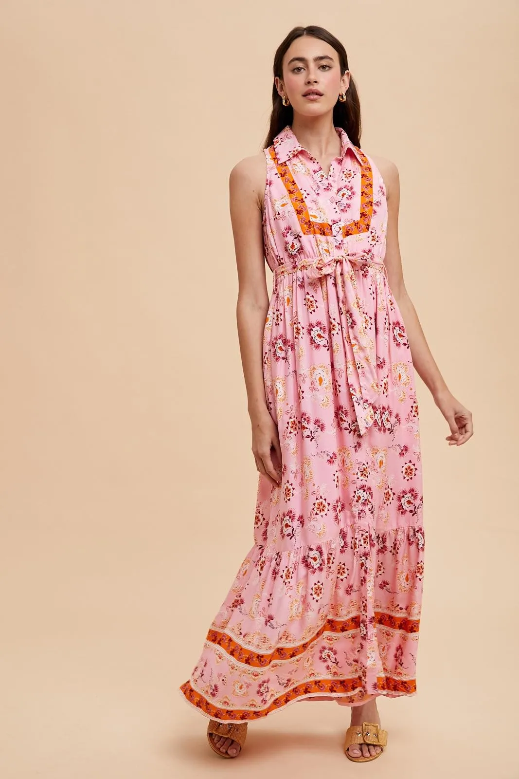 Pink Border Print Collared Button Down Maternity Maxi Dress sold by Pinkblush product image thumbnail 4