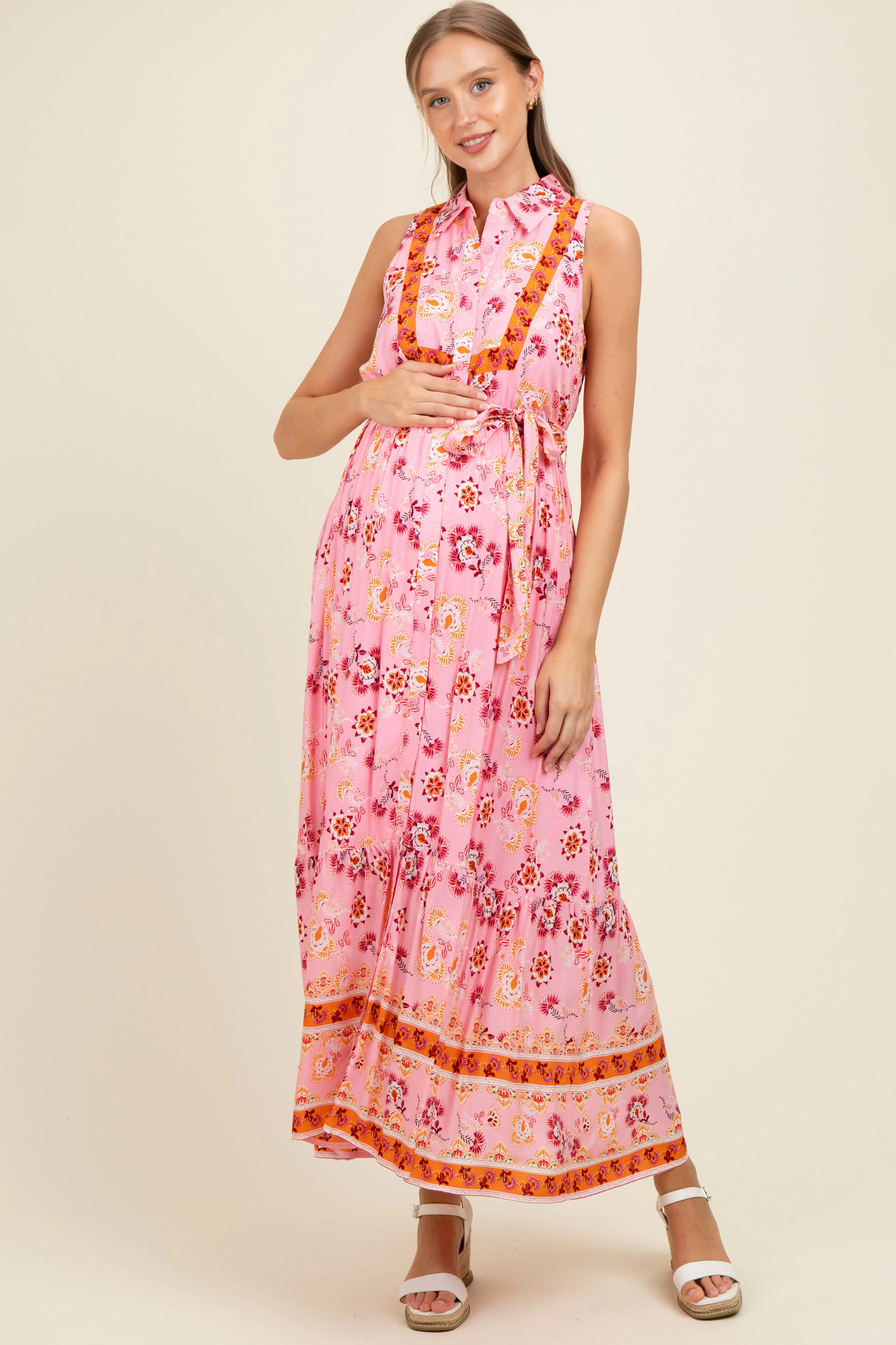Pink Border Print Collared Button Down Maternity Maxi Dress sold by Pinkblush