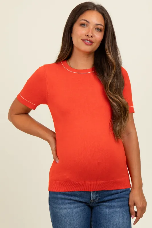 Coral Red Knit Crew Neck Maternity Short Sleeve Top sold by Pinkblush