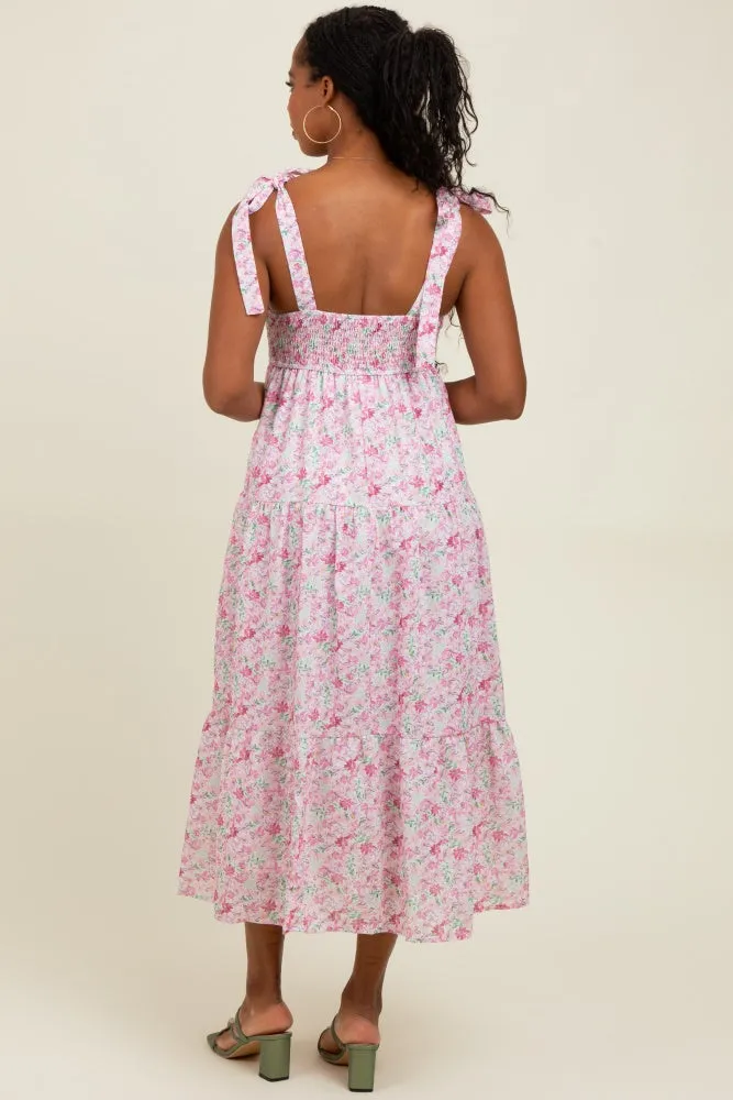 Light Pink Floral Shoulder Tie Midi Dress sold by Pinkblush product image thumbnail 4