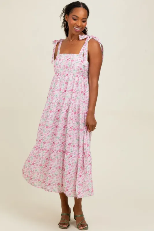 Light Pink Floral Shoulder Tie Midi Dress sold by Pinkblush