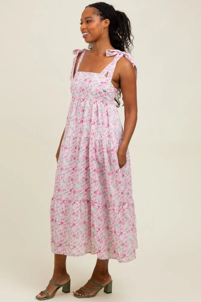 Light Pink Floral Shoulder Tie Midi Dress sold by Pinkblush product image thumbnail 3