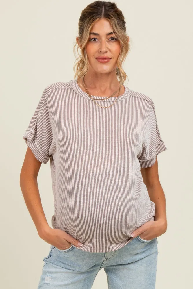 Taupe Ribbed Exposed Seam Maternity Short Sleeve Top sold by Pinkblush
